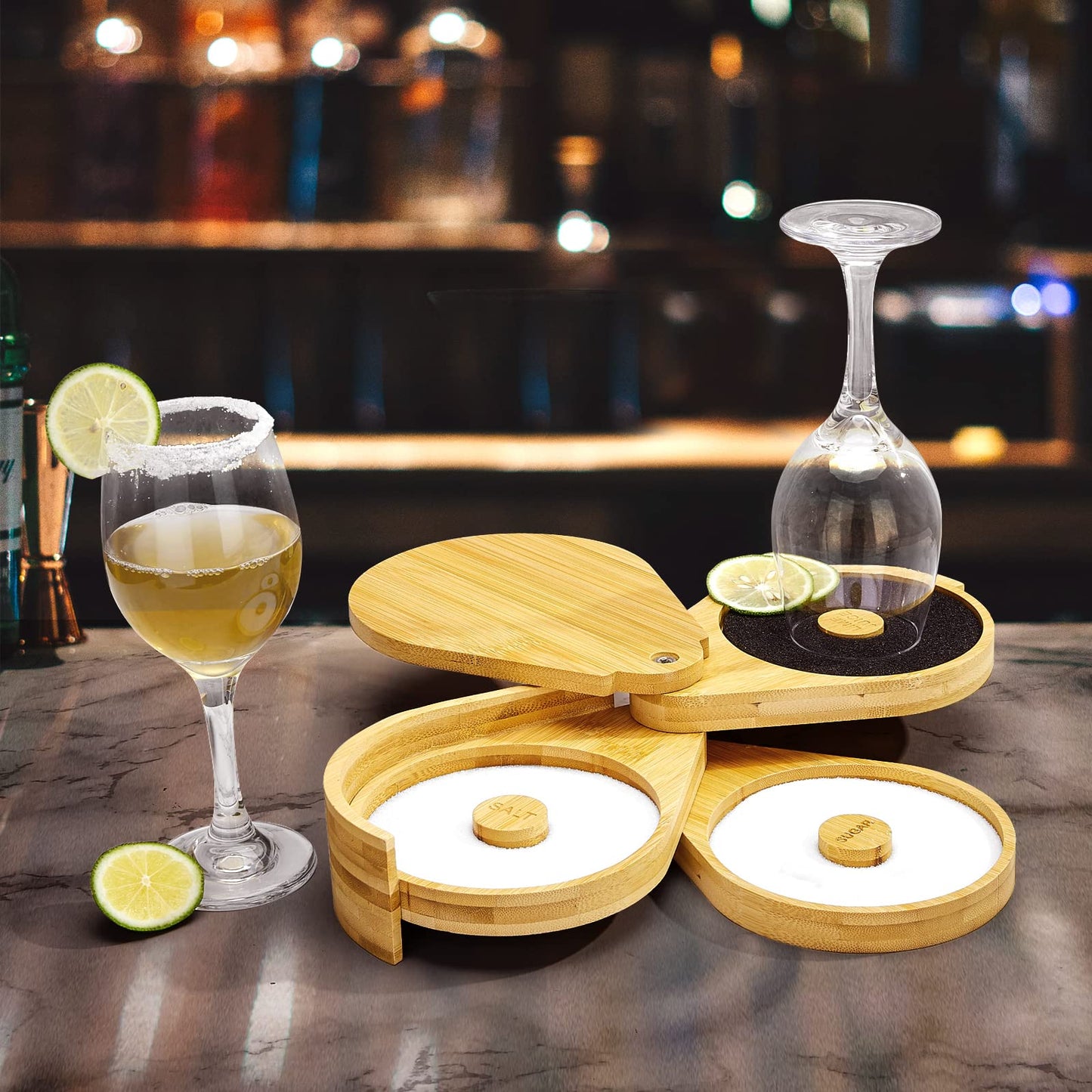 Margarita Salt Rimmer Set,1 Pack 3 Tier Bar Glass Rimmer Bamboo Wood Sugar Salt Box with Sponge,Bartender Tool for Cocktail and Margarita Salt Rimmer-Wood