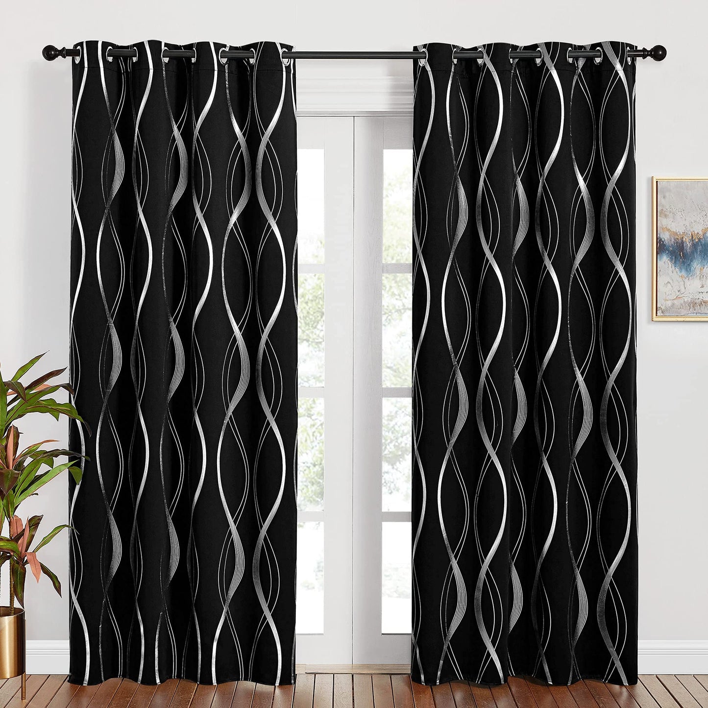 PONY DANCE Thermal Door Curtains Blackout - Foil Decorative Curtains Silver Wave Line Printed, 52 Inch Wide x 84 Inch Drop, Lightweight Kids Bedroom Curtains, Sold as Pair 2x W52"xL84" Black