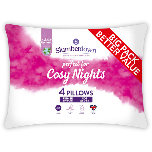 Slumberdown Cosy Nights Pillows 4 Pack - Firm Support Side Sleeper Pillows for Neck and Shoulder Pain Relief - Supportive, Hypoallergenic, UK Standard Size (48cm x 74cm) 4 Count (Pack of 1)