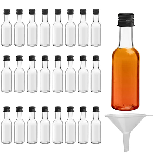 Belle Vous Mini Liquor Bottles (24 Pack) - Reusable Plastic 50ml Empty Spirit Bottles with Black Screw Caps and Liquid Funnel for Easy Pouring, Bottle Filling - Miniature Bottles for Weddings, Parties 24 Pack