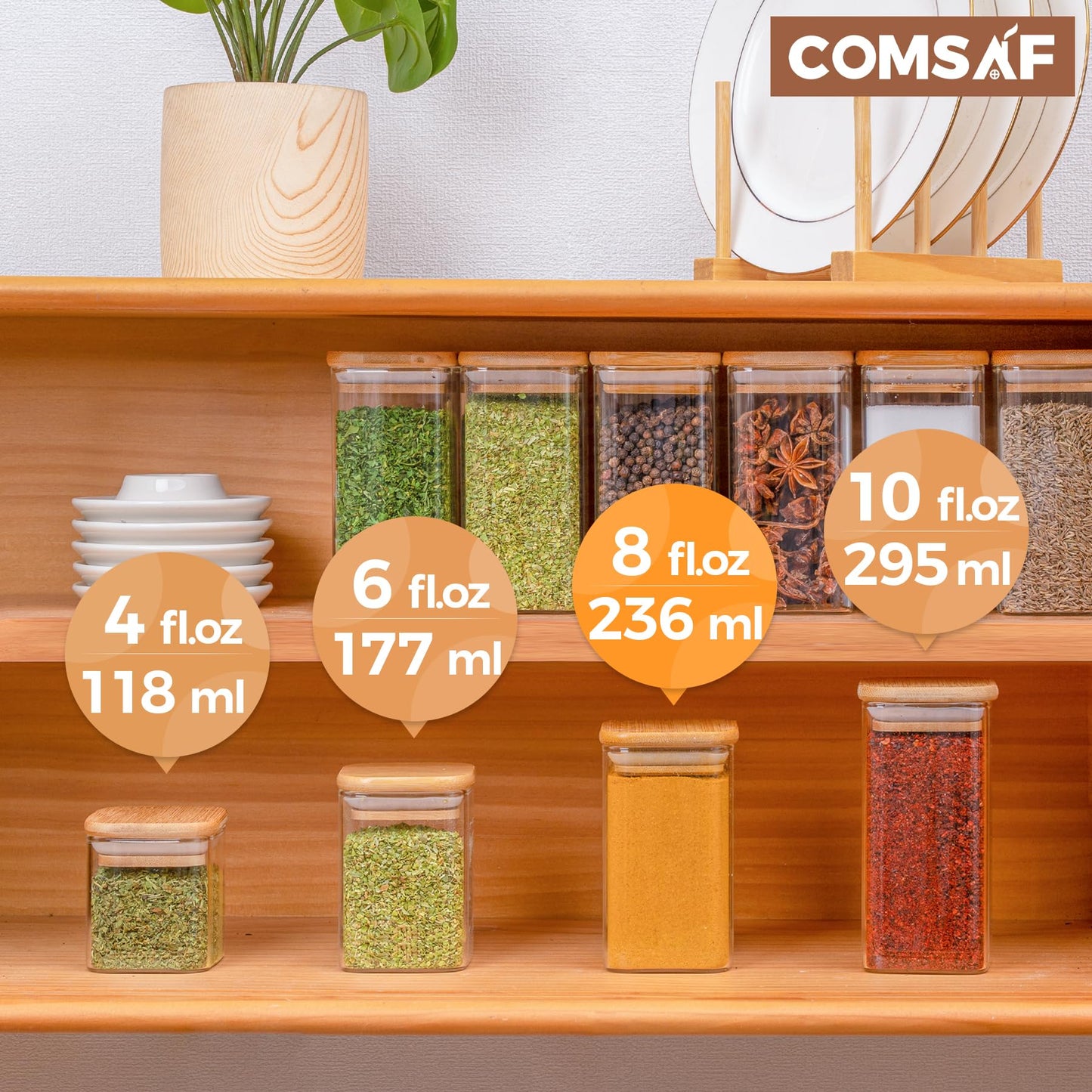 ComSaf 12 Pcs Glass Spice Jars with Bamboo Lids, 8oz/250ml Square Glass Storage Jars with 275 Black Lables, Airtight Spice Jars with Lids, Glass Container for Spice, Salt, Sugar, Seeds, Nuts etc 8oz/250ml/12Pcs