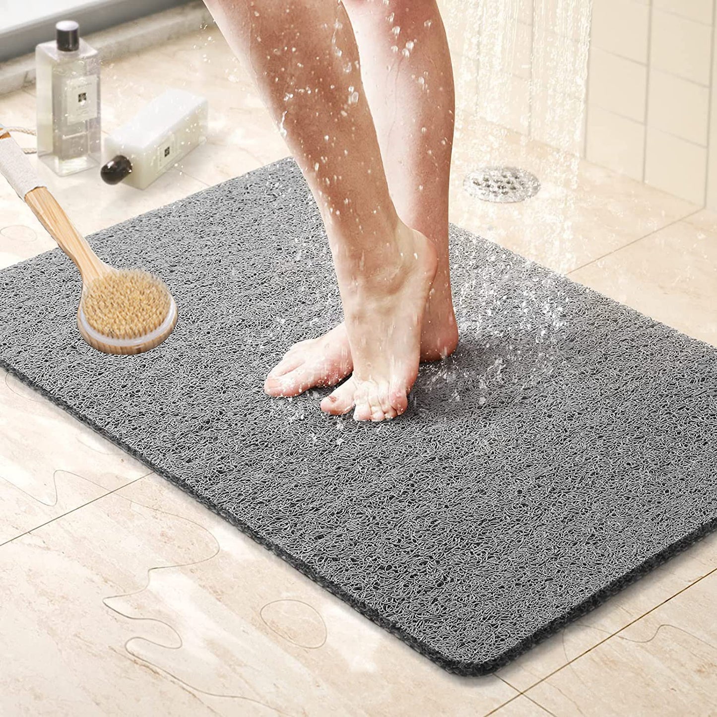 Loofah Shower Mat, Bath Mat Non Slip, Anti Mould Shower Mats for Inside Shower, 60 x 40 cm Shower Mats with Drain, Washable Bath Mats for Bathroom Floor, PVC Bathtub Mat for Elderly, Quick Dry (Grey) Grey