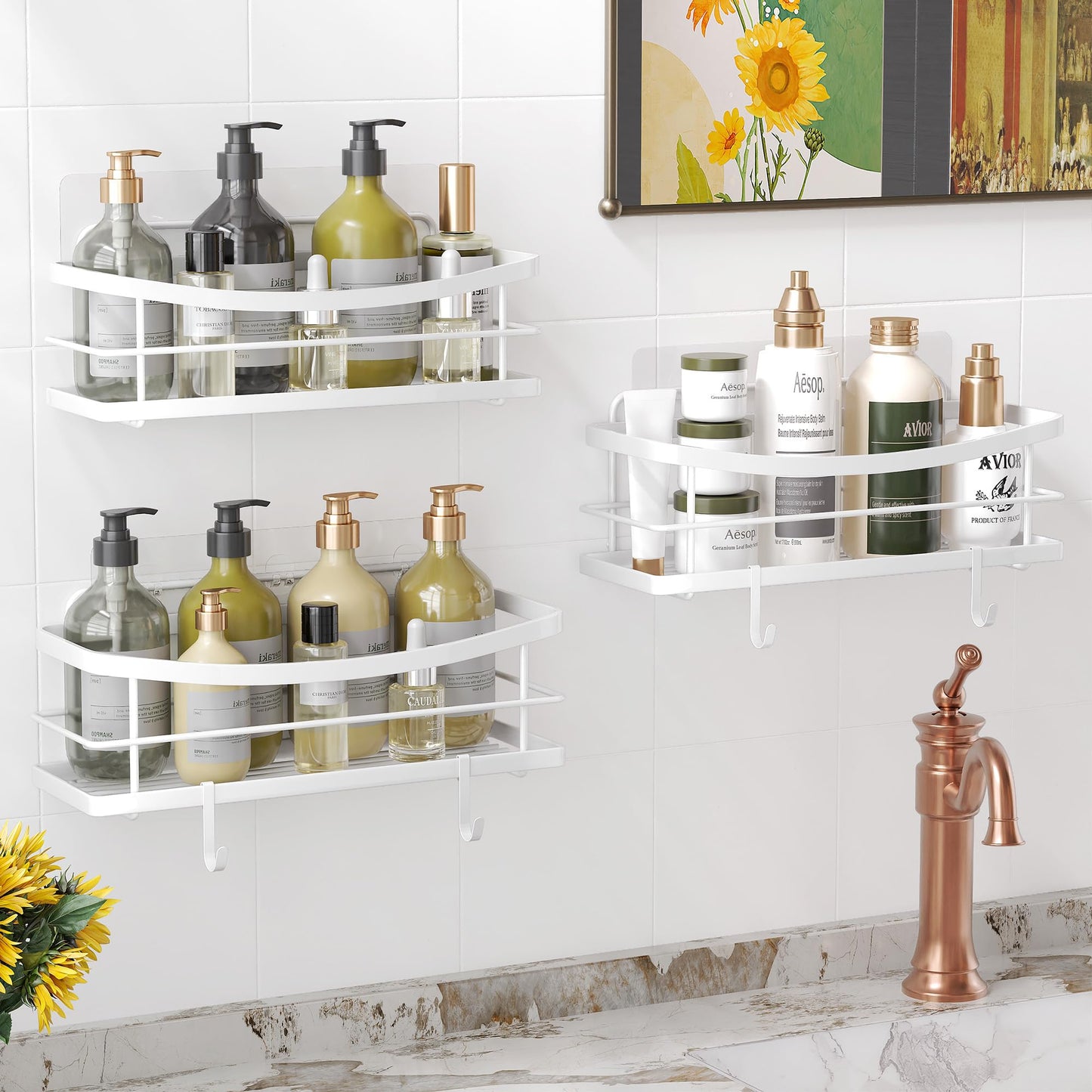 Nieifi Shower Caddy Storage with Removable 4 Hooks Adhesive Shower Shelf Basket No Drilling Rustproof Kitchen Spice Racks Bathroom Organizer - (White) C3-white