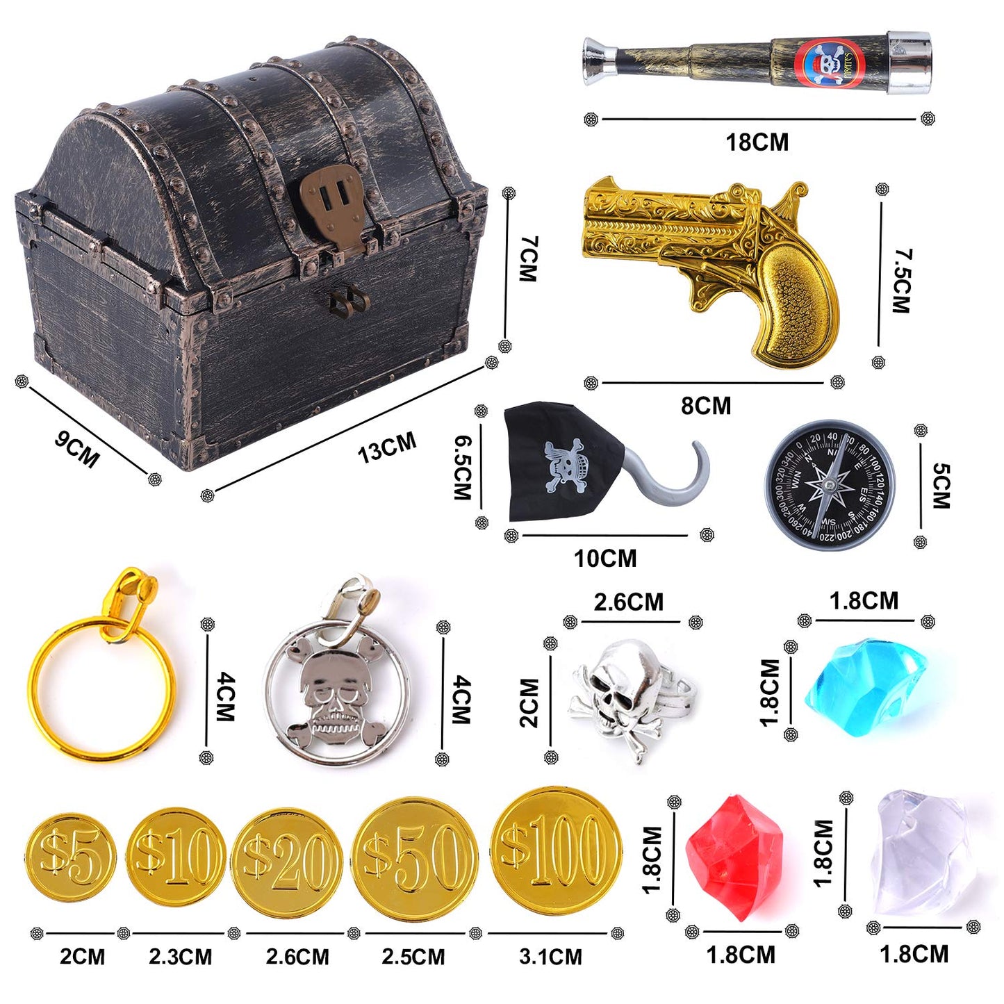 Ulikey Golden Pirate Treasure Chest Box Toy with 50 Pcs Pirate Gold Coins and 100 Pcs Pirate Gems Jewelry Diamond for Pirate Theme Play Favor Party Supplies