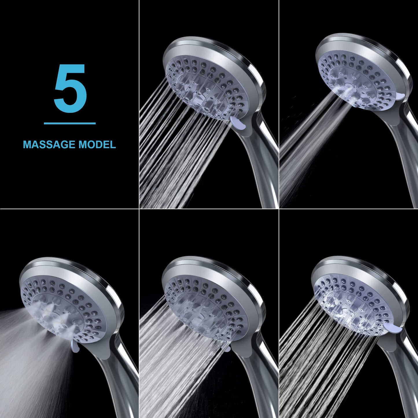 VEHHE Shower Head Powerful Flow with 1.5m Chrome Hose Pressure Boosting Shower Head Spray with 5 Modes Water Saving Bathing for Adults Children Pets Home and Gym Use Silver Shower Head and Hose