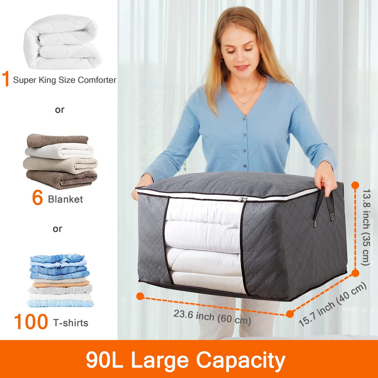 Yopih 90L 7 Pack Clothes Storage Bags Large Capacity Clothing Organizers with Reinforced Handles Thick Breathable Fabric Foldable Underbed Containers for Bedding Comforter Blanket 90Lx7