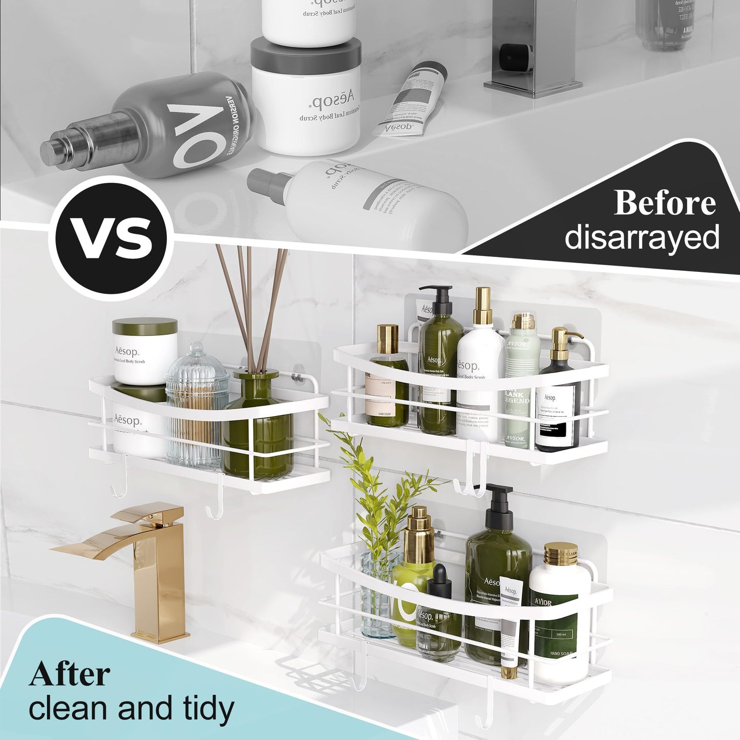 Nieifi Shower Caddy Storage with Removable 4 Hooks Adhesive Shower Shelf Basket No Drilling Rustproof Kitchen Spice Racks Bathroom Organizer - (White) C3-white