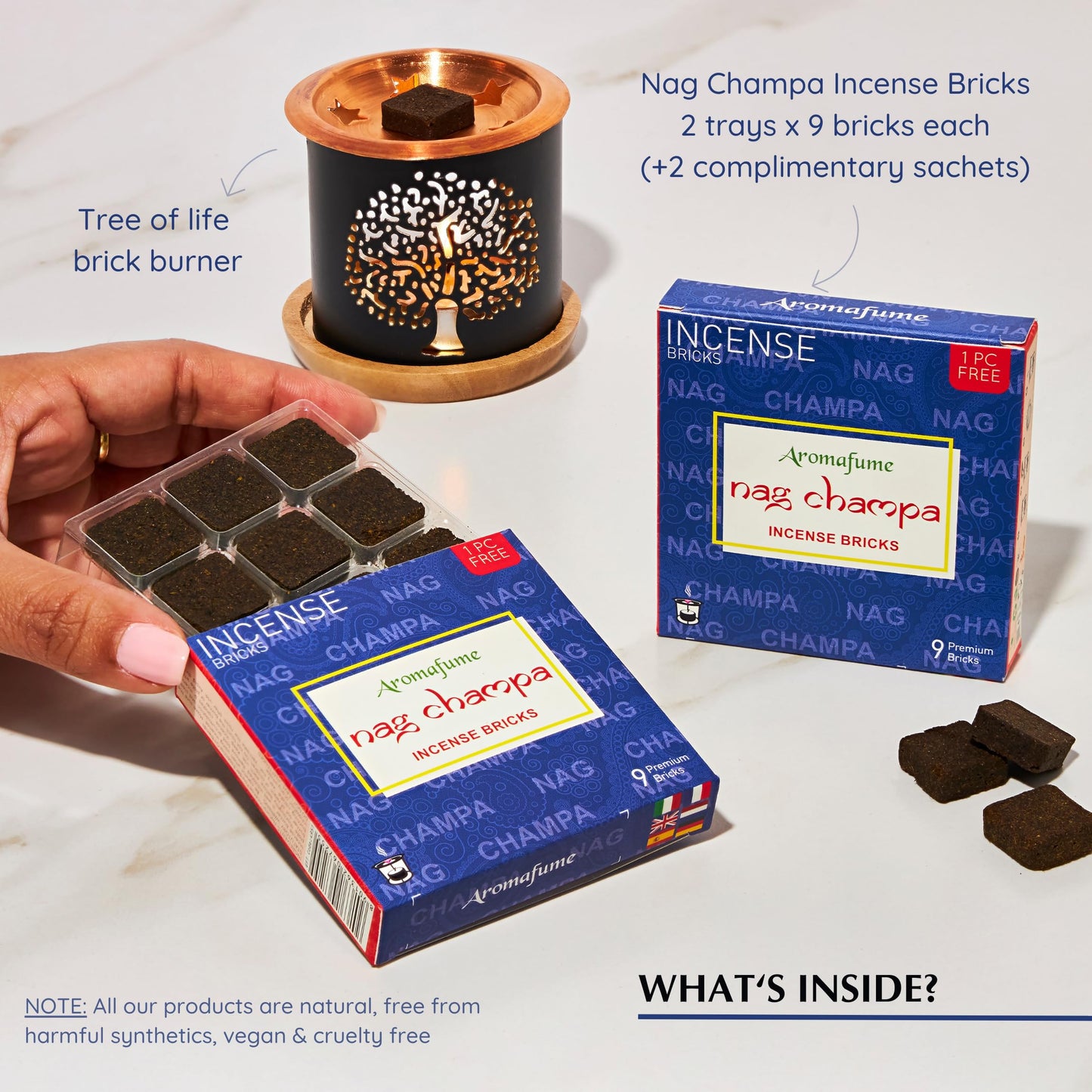 Nag Champa Incense Bricks (2 x 9 Bricks) & Tree of Life Exotic Incense Burner by Aromafume | Made with Sandalwood, Jasmine, Ylang Ylang & Champa flower | Natural, Low Smoke, Non toxic Incense Bricks Nag Champa