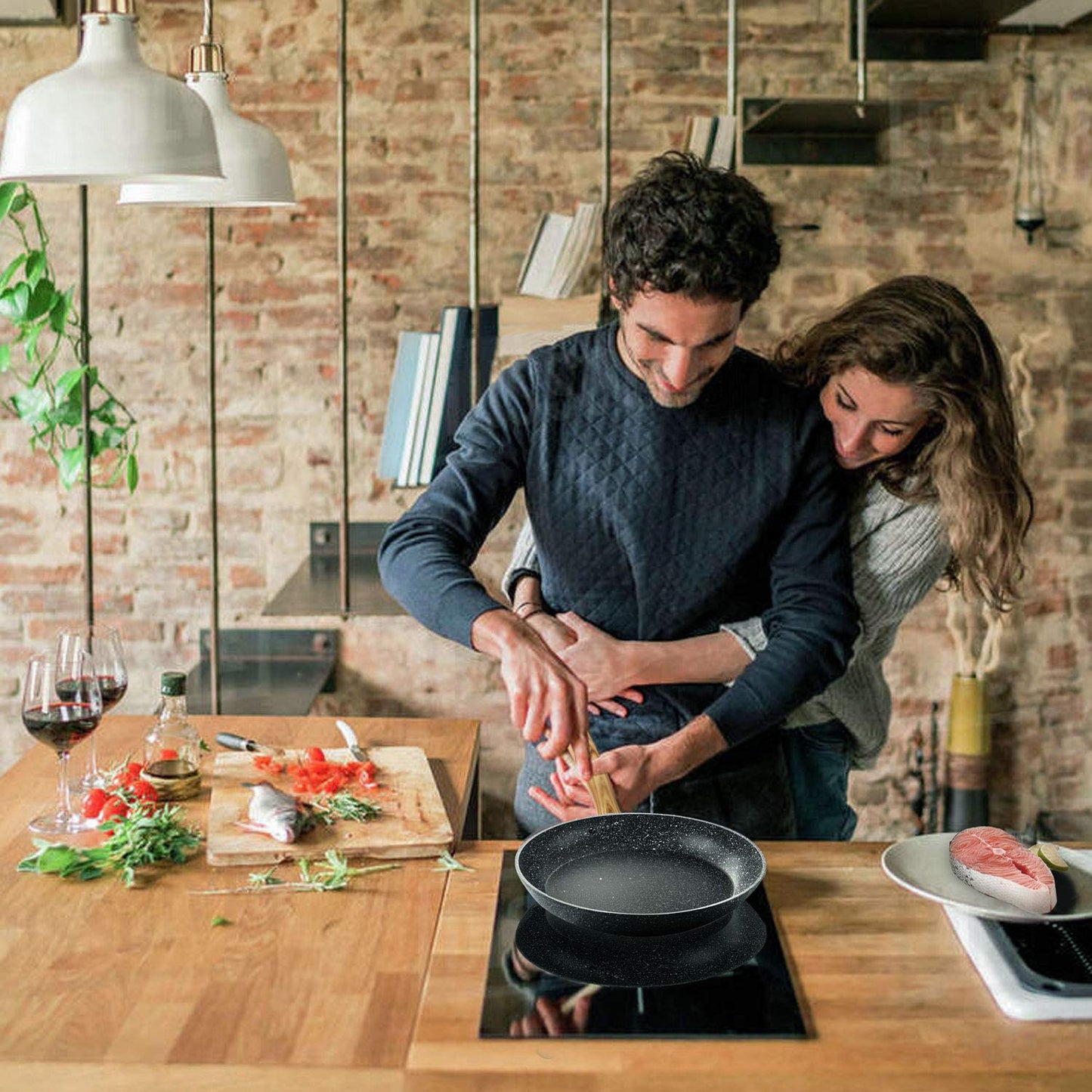 MICHELANGELO 26cm Frying Pan with Lid, Non Stick Frying Pan with Bakelite Handle, Frying Pan for Induction Hob with Stone-Derived Nonstick Coating 100% APEO Free Frying Pan 26cm Black