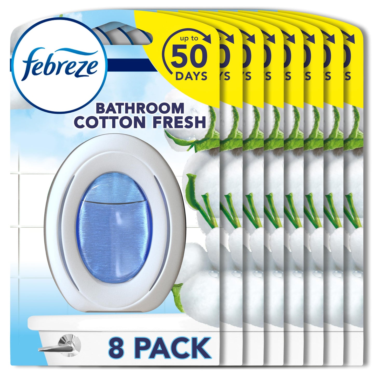 Febreze Bathroom Air Freshener, Odour Eliminator, Cotton Fresh, 8 Count 7.5 ml (Pack of 8)