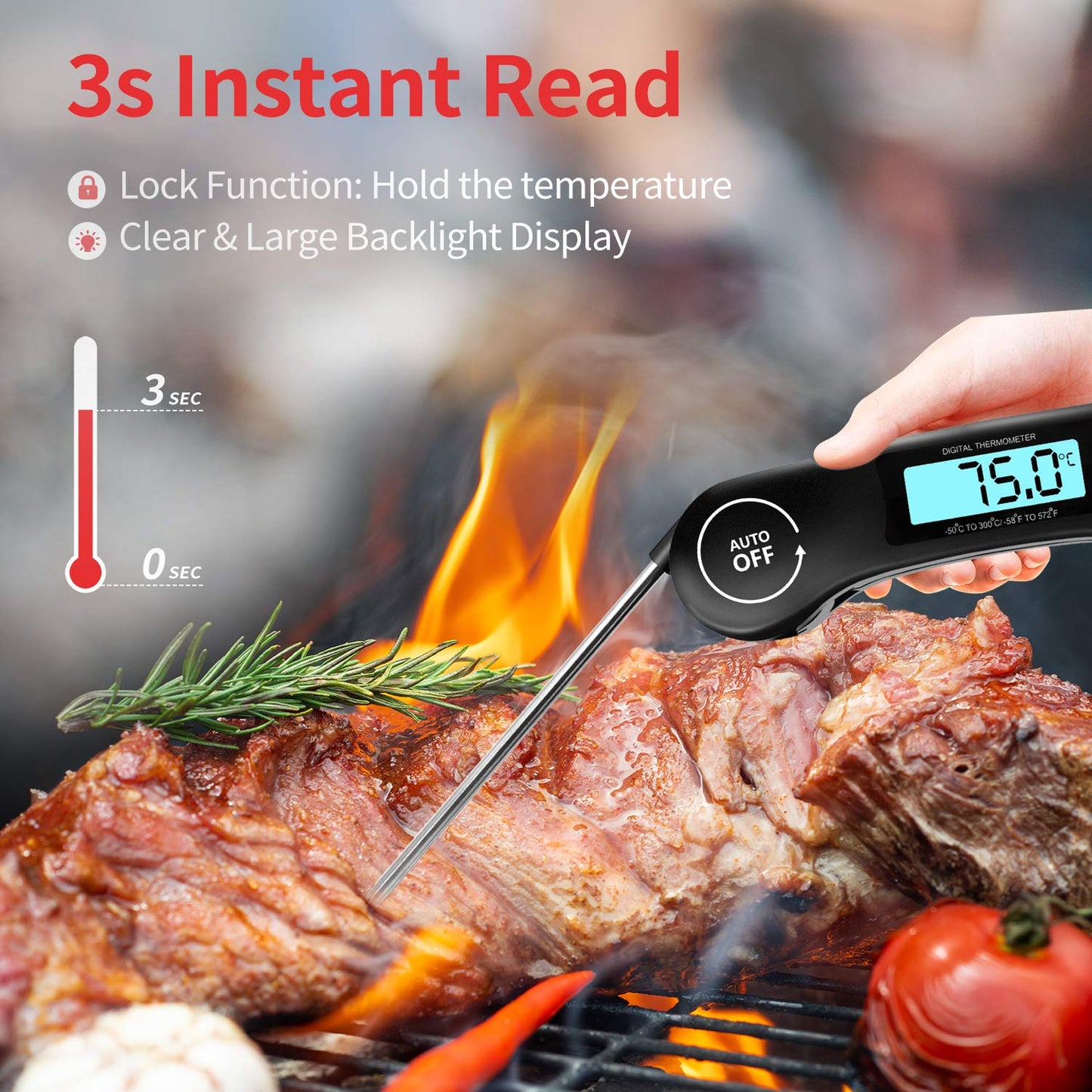 DOQAUS Digital Meat Thermometer, Instant Read Food Thermometer with Backlight LCD Screen, Foldable Long Probe & Auto On/Off, Perfect for Kitchen, BBQ, Water,Meat, Milk, Cooking Food (Black) Black