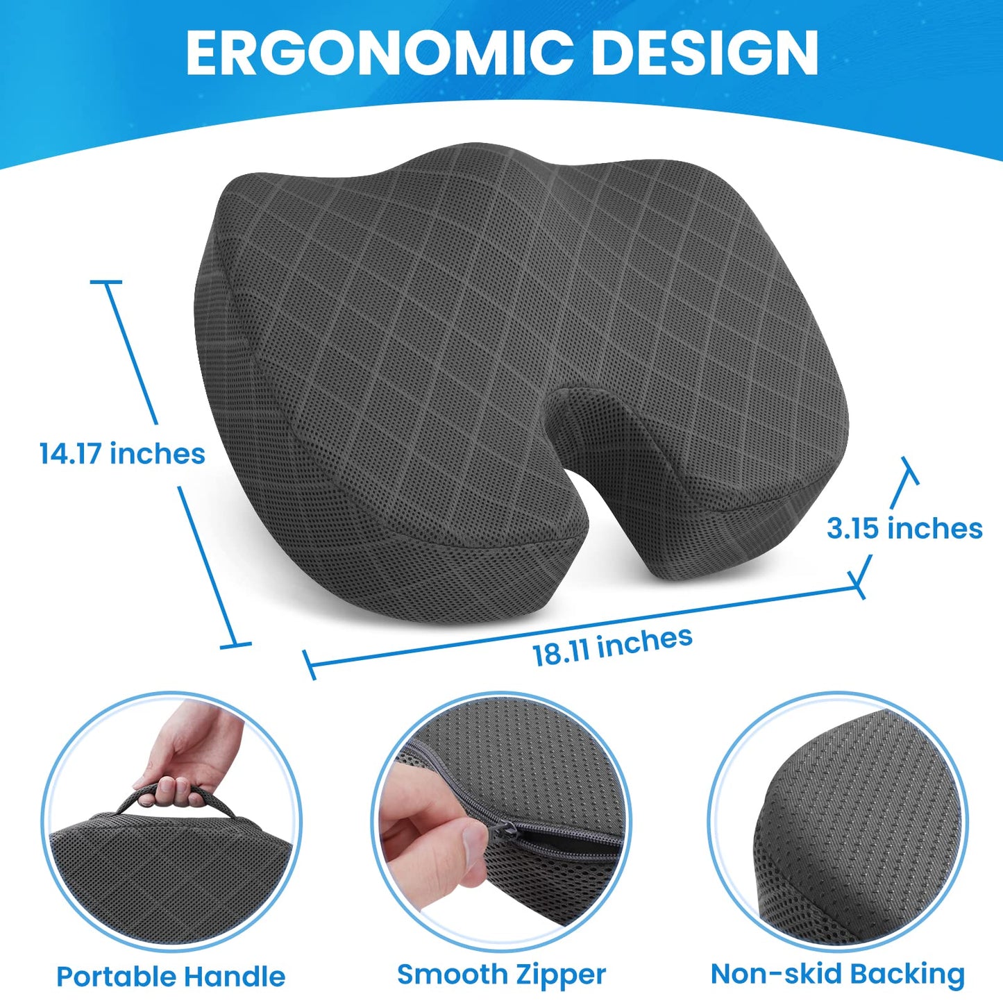 TushGuard Seat Cushion - Memory Foam Cushion for Office Chair, Car Seat, Airplane, Bleacher - Sciatica & Hip & Coccyx Pain Relief Desk Chair Cushion for Long Sitting Office Workers, Car Drivers Gray L