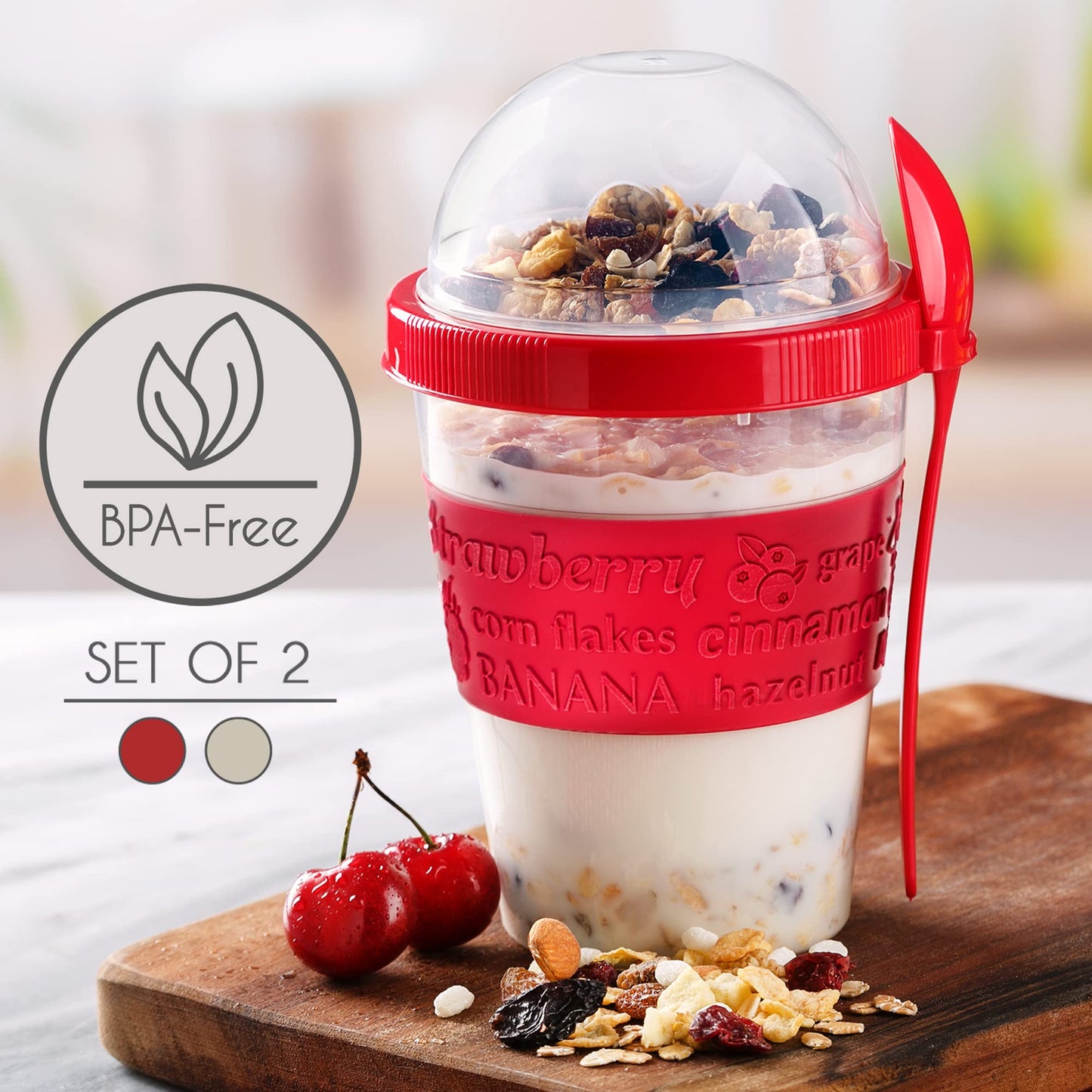 Crystalia Reusable Yogurt Pots With Lids, 2PCs 600ml100% BPA Free Overnight Oats Container, Yoghurt Container, Dishwasher Safe, Cereal On The Go Container, Breakfast Pots To Go, Muesli To Go Cup Set of 2 (Red&Cream)