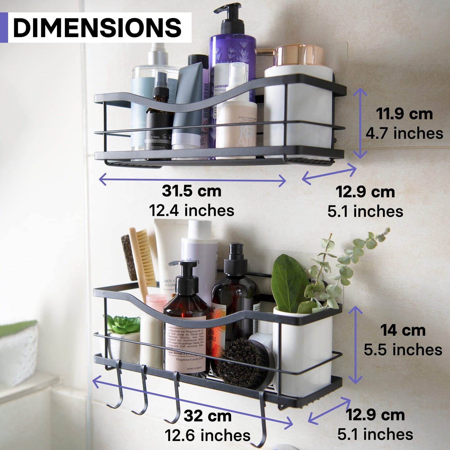 KINCMAX Shower Shelves 2-Pack - Self Adhesive Caddy with 4 Hooks - No Drill Large Capacity Stainless Steel Wall Shelf - Aesthetic Organiser for Inside Bathroom - Matte Black