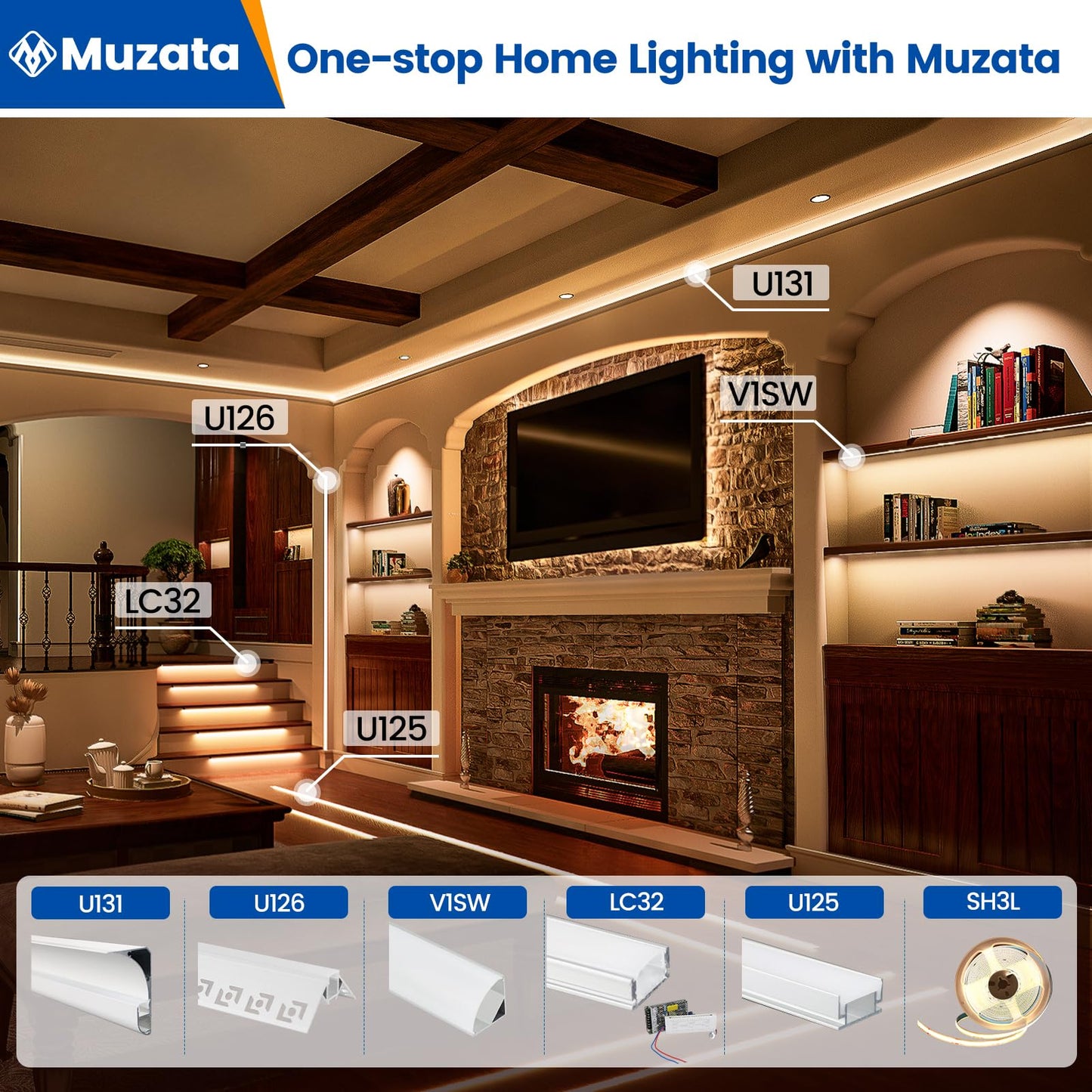 Muzata 6-Pack 3.3FT/1Meter V Shape LED Aluminum Channel System with Milky White Cover Aluminum Channel System Profile for LED Strip Lights Diffuser Under Cabinet Wall Lighting V1SW WW 1M 6Pack