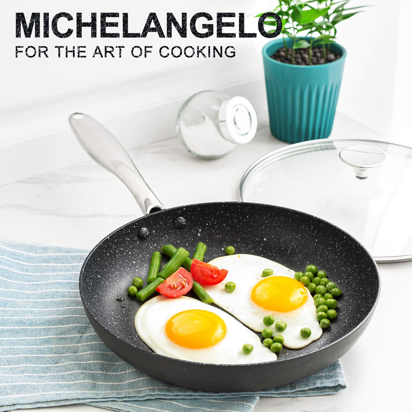 MICHELANGELO Frying Pan with Lid 20cm, Hard Anodized Non Stick Frying Pans 20cm, Small Frying Pan 20cm, Frying Pan with Lid with Stainless Steel Handle Black