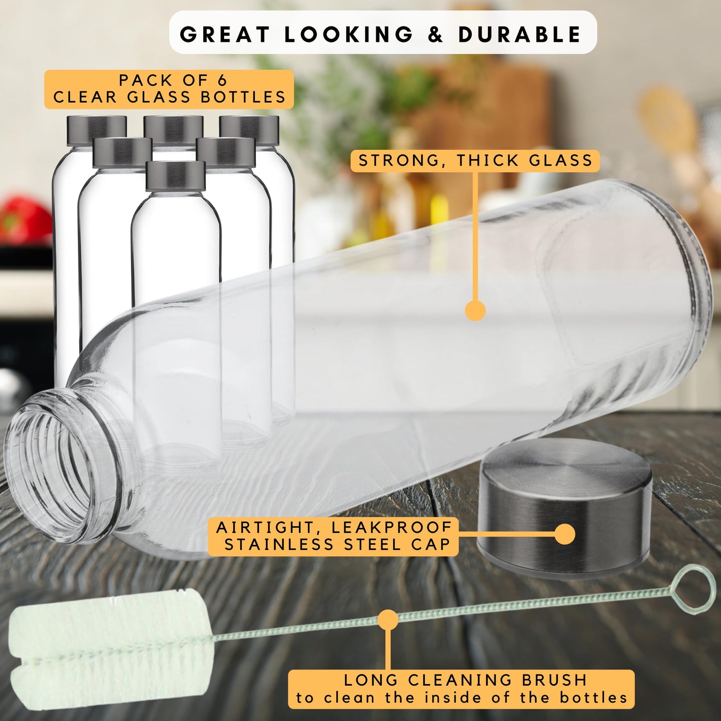 Brieftons Glass Water Bottles With Caps: Clear, 6 Pack, 500ml, Leakproof Lids, Premium Soda Lime, Best As Reusable Drinking Bottle, Sauce Jar, Juice Beverage Container, Kefir Kit, With Cleaning Brush