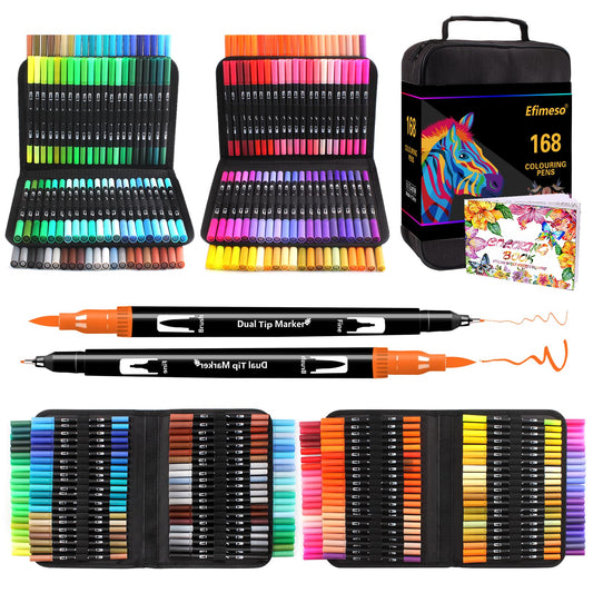 Efimeso 168 Colouring Pens for Artists Drawing Sketching Calligraphy, Dual Tip Brush Markers Felt Tip Pens for Adults Colouring 168 Colours