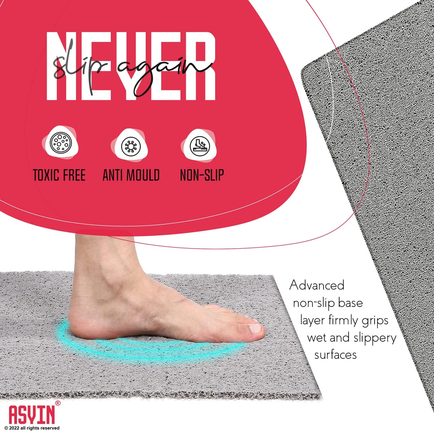 Asvin Soft Textured Anti Slip Bath & Shower Mat for Inside Shower & Wet Areas (40x60cm Grey) Phthalate Free Rubber Loofah Bathroom Mats for Slippery Surfaces, Quick Dry Antibacterial & Mould Resistant 40cm x 60cm