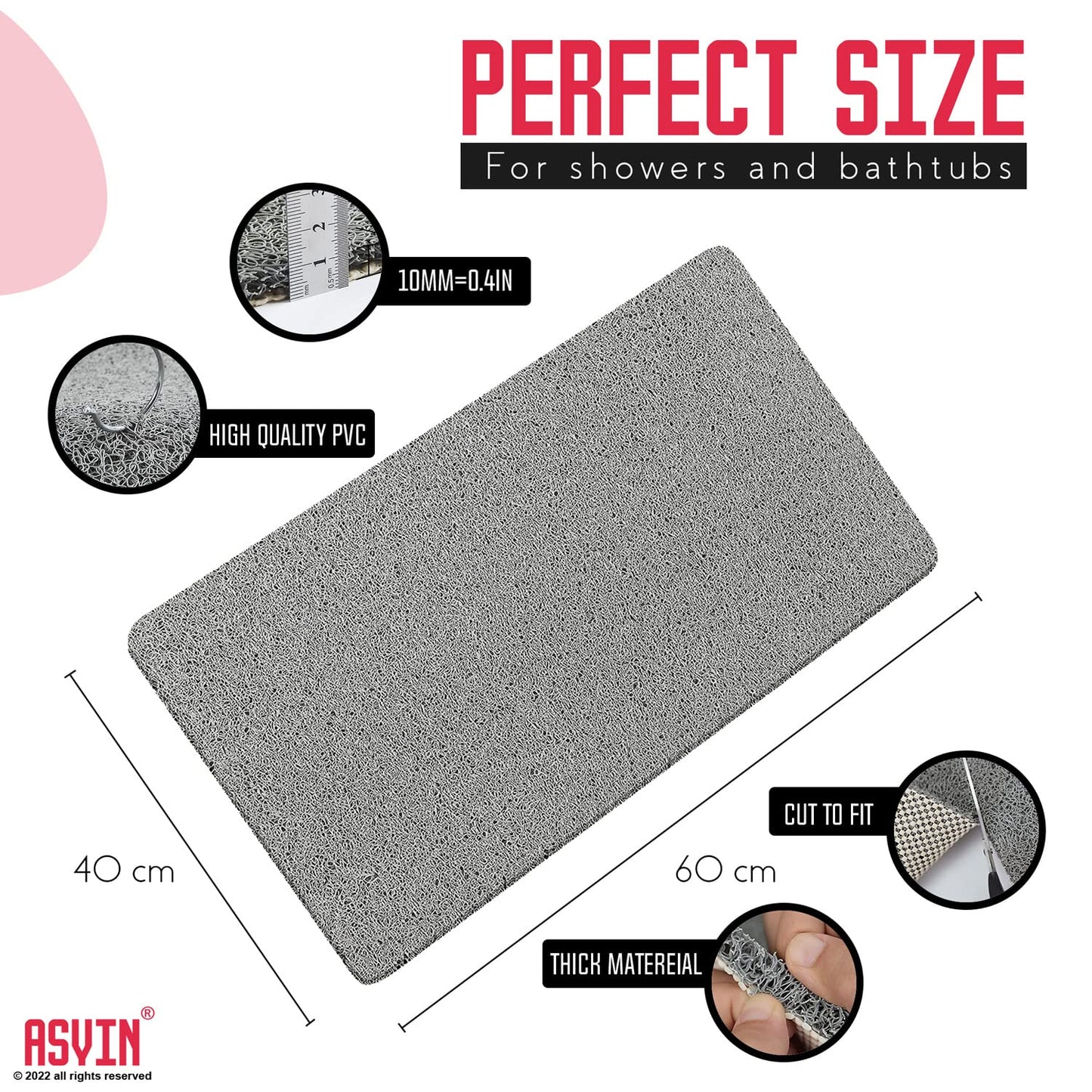 Asvin Soft Textured Anti Slip Bath & Shower Mat for Inside Shower & Wet Areas (40x60cm Grey) Phthalate Free Rubber Loofah Bathroom Mats for Slippery Surfaces, Quick Dry Antibacterial & Mould Resistant 40cm x 60cm