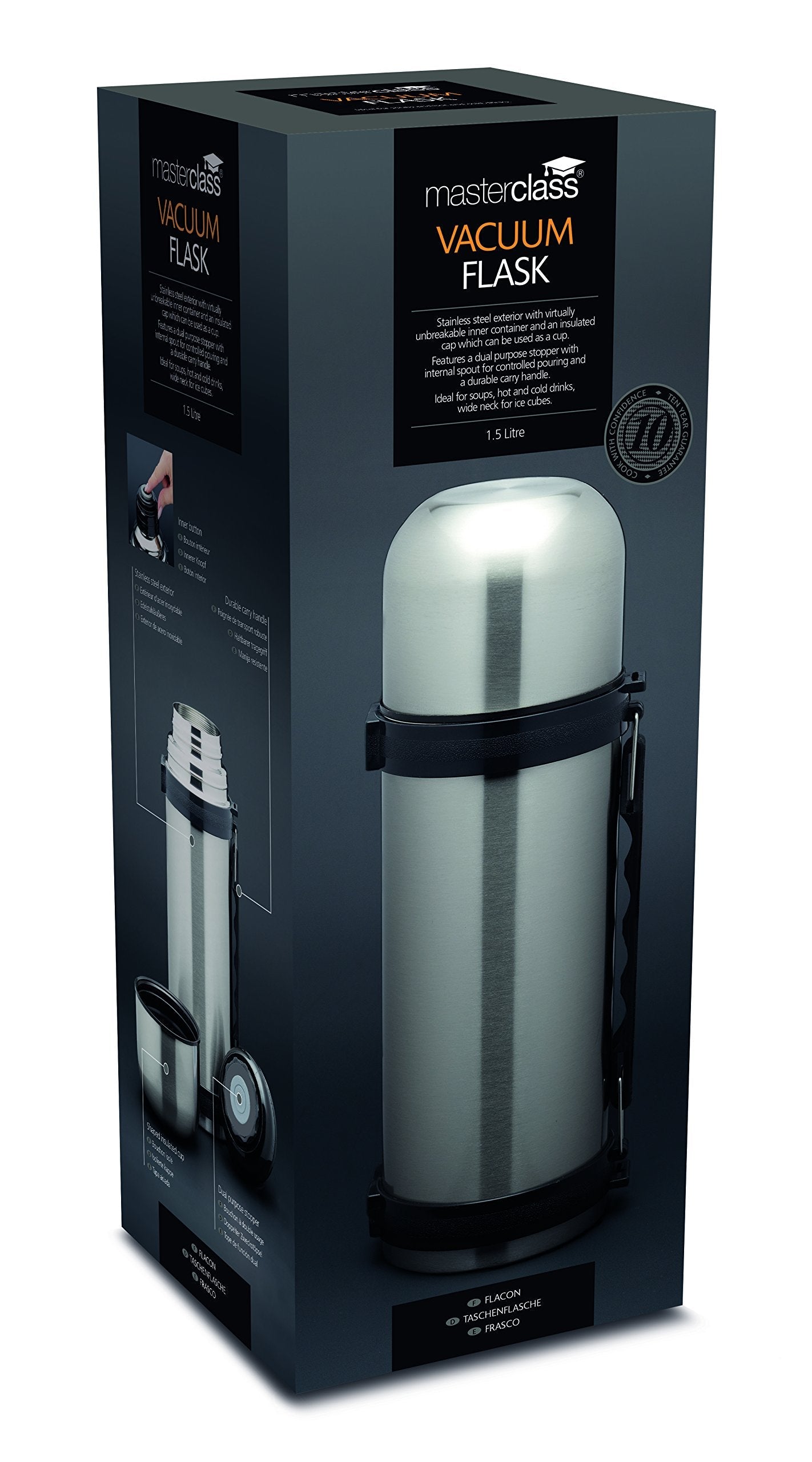 MasterClass Vacuum Flask with Handle, Stainless Steel, for Hot and Cold Drinks, 1 Litre (1.75 Pints) 1 Litre (1.75 Pints) Single