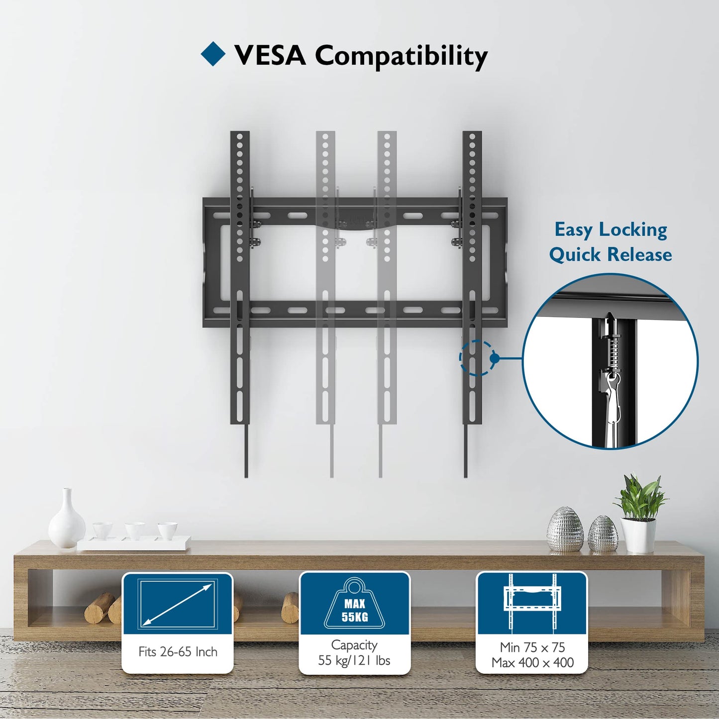 BONTEC TV Wall Mount Bracket for Most 26-65 inch LCD/LED/OLED Flat Curved TVs, Tilt Slim TV Wall Bracket up to 55kg, Max VESA 400 x 400mm, Bubble Level and Cable Ties included