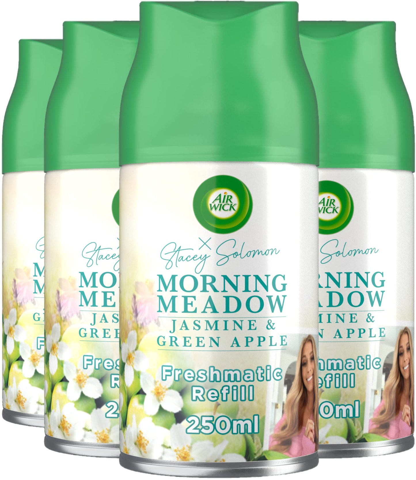 Airwick Automatic Air Freshener Freshmatic Spray Refills| Odour Neutraliser, Bathroom and Room Air Freshener|Fragrance : Morning Meadow|4 Refills| Usage: Upto 280 days (70 Days per refill) Jasmine & Green Apple 1.00 g (Pack of 4)