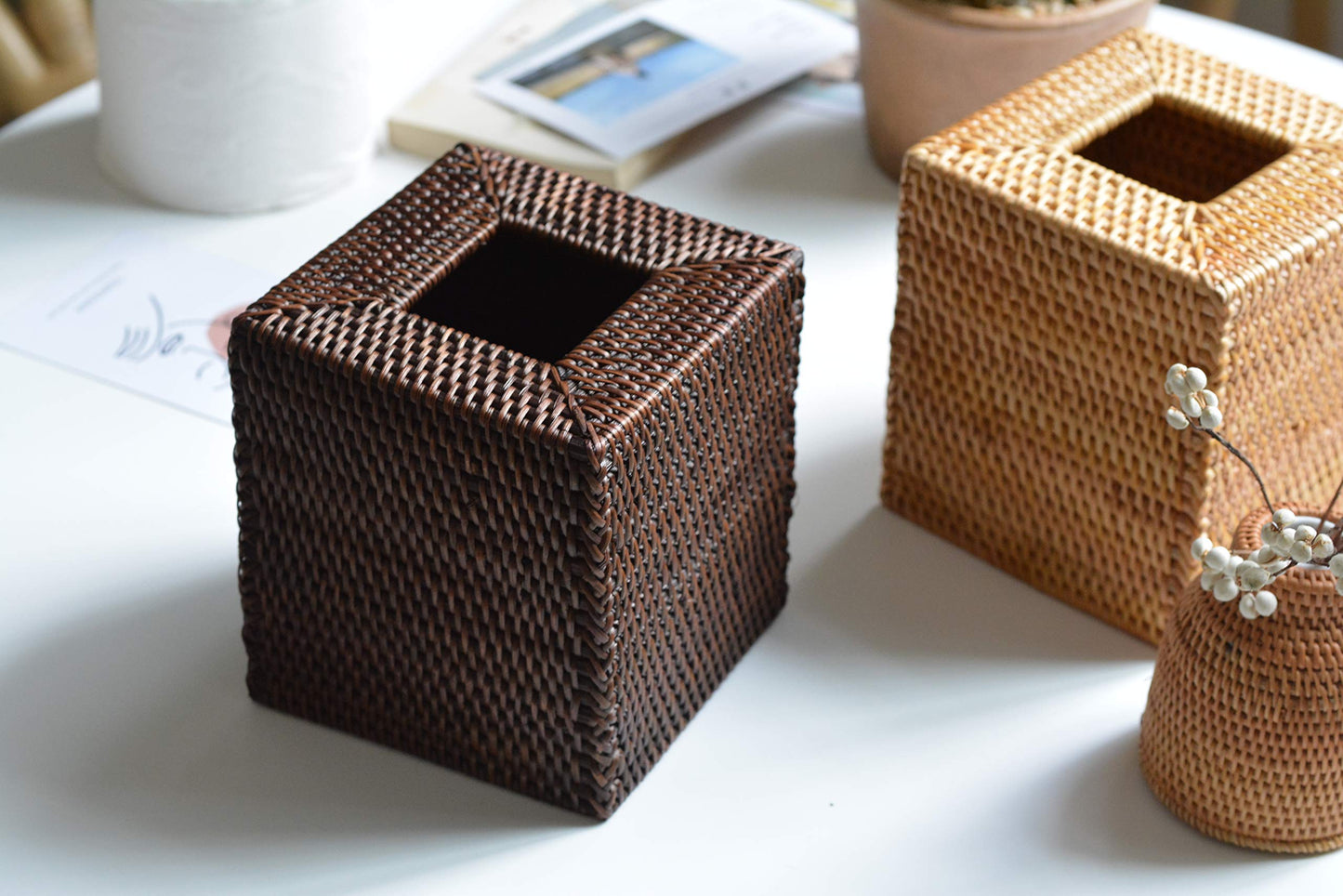 Square Rattan Tissue Box Cover, Hand Woven Wicker Tissue Holder, 14.5 x 14.5 x 14.5 cm, Natural