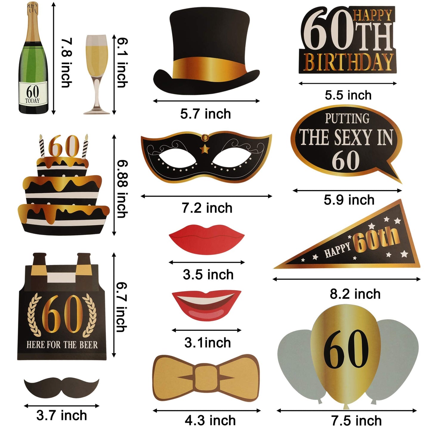 KissDate 24Pcs 60th Birthday Photo Booth Props, Funny DIY Kit for Men Women 60th Birthday Party Supplies 60th Birthday Decorations for Men Women(Black and Gold)