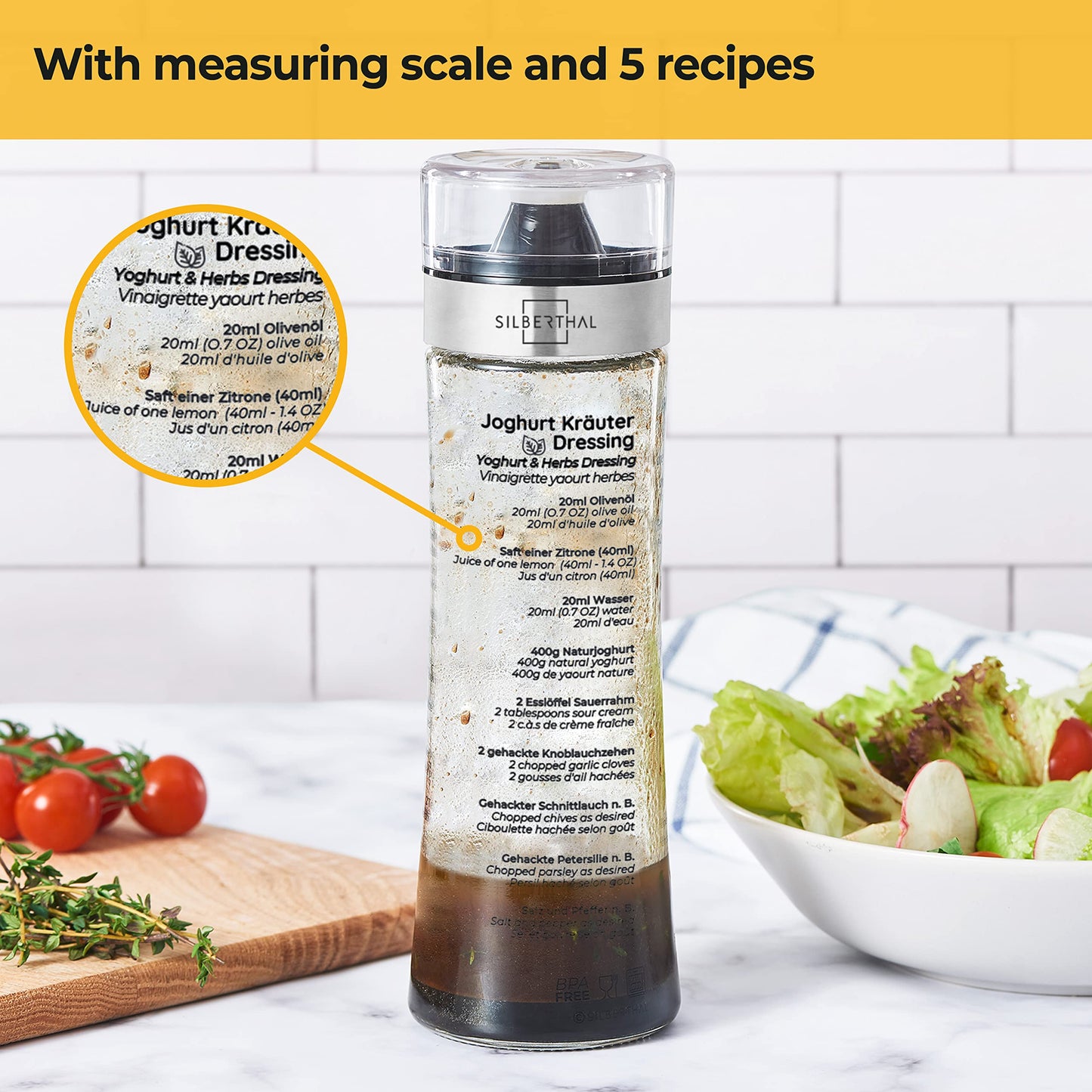 SILBERTHAL Salad Dressing Shaker - Sturdy Glass & Stainless Steel - Recipes on Glass - 500 ml - Dishwasher Safe Salad Dressing Jar