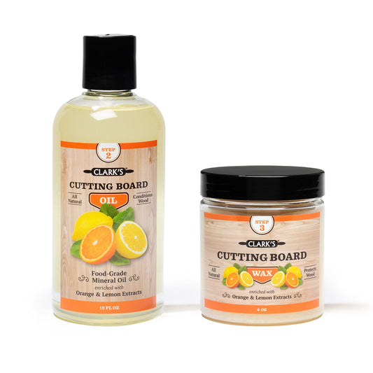 CLARK'S Chopping Board Oil and Wax Set - Essential for Wood Maintenance and Protection - Bees Wax Chopping Board (6oz) - Board Oil (12oz) - Chopping Board Conditioner - Set Wooden Chopping Boards Orange-Lemon