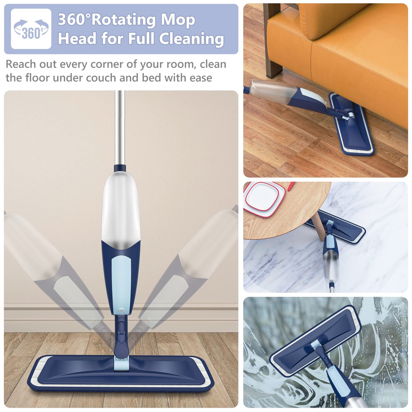 Spray Mop for Cleaning Floors Microfiber Floor Mop Wet Dust Flat Mop with 5 Washable Pads and Refillable Bottle for Home Kitchen Wood Laminate Vinyl Ceramic Hardwood Tiles A - Blue Spray Mop(5 Pads+1 Bottle)