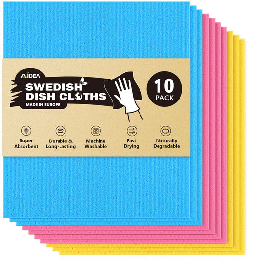 AIDEA Swedish Dish Cloths Pack of 10, Absorbent Friendly Reusable Hand Towels kitchen Rags Cleaning Cloths, Swedish Dishcloths for Kitchen, Cellulose Sponge Swedish Dish Towels and Dish Rag Blue/Pink/Yellow 10 Pack