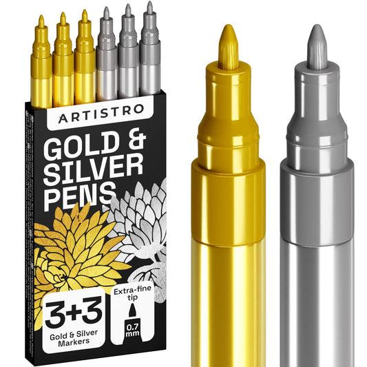 Acrylic Paint Pens for Rock Painting, Stone, Ceramic, Glass, Wood, Fabric, Canvas, Metal, Scrapbooking. (6 Pack) Set of 3 Gold & 3 Silver Acrylic Paint Markers Water- Based Extra-Fine Tip 0.7mm SILVER & GOLD