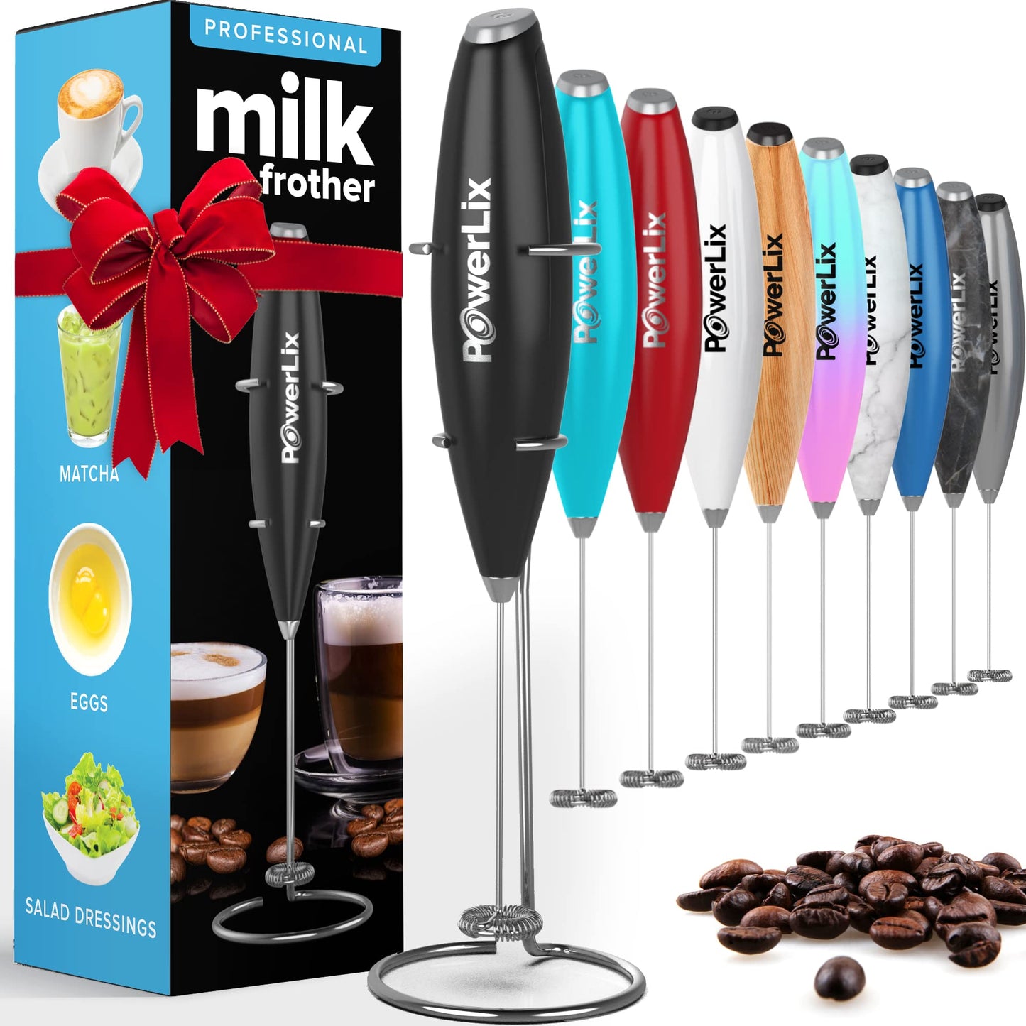 PowerLix Milk Frother Handheld Whisk - Electric Milk Frother Foamer with Stainless Steel Stand,15-20s, Powerful 19000rpm, Mini Drink Mixer Coffee Frother for Latte, Cappuccino, Hot Chocolate Black