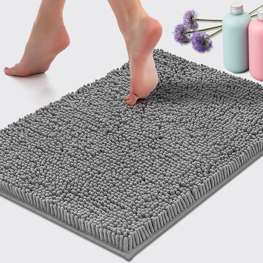 LuxUrux Bath Mat-Extra-Soft Plush Bath Shower Bathroom Rug, 1'' Chenille Microfiber Material, Super Absorbent Shaggy Bath Rug (Light Grey, 60 X 43 cm) 43 x 60 cm Light Grey