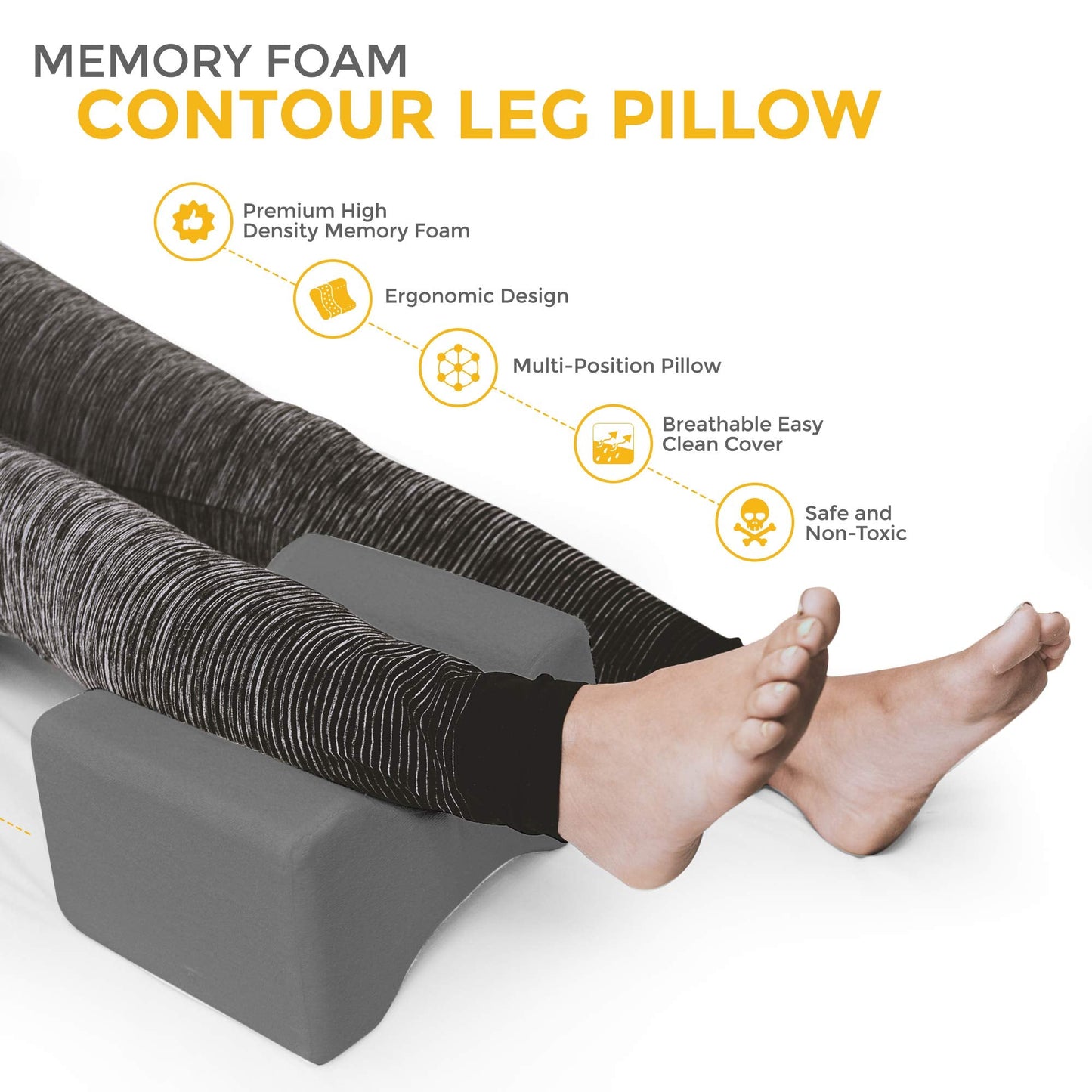 LIVIVO Memory Foam Leg Pillow Orthopaedic Reduce Pain Back Hips Knee Cushion Support With Cover (Grey) Grey