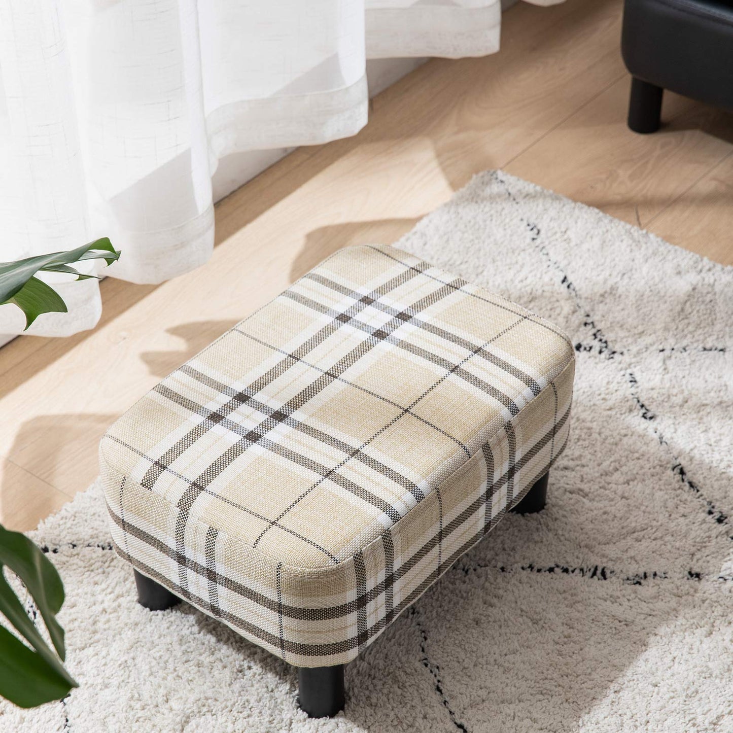 IBUYKE 42CM Small Footstool, Linen Fabric Pouf, with Padded Seat Pine Wood Legs Rectangular Stool, Small Under Desk Footrest, Pet Steps Dog Stairs for High Beds and sofa, Stripes RF-BD215 Stripe cloth