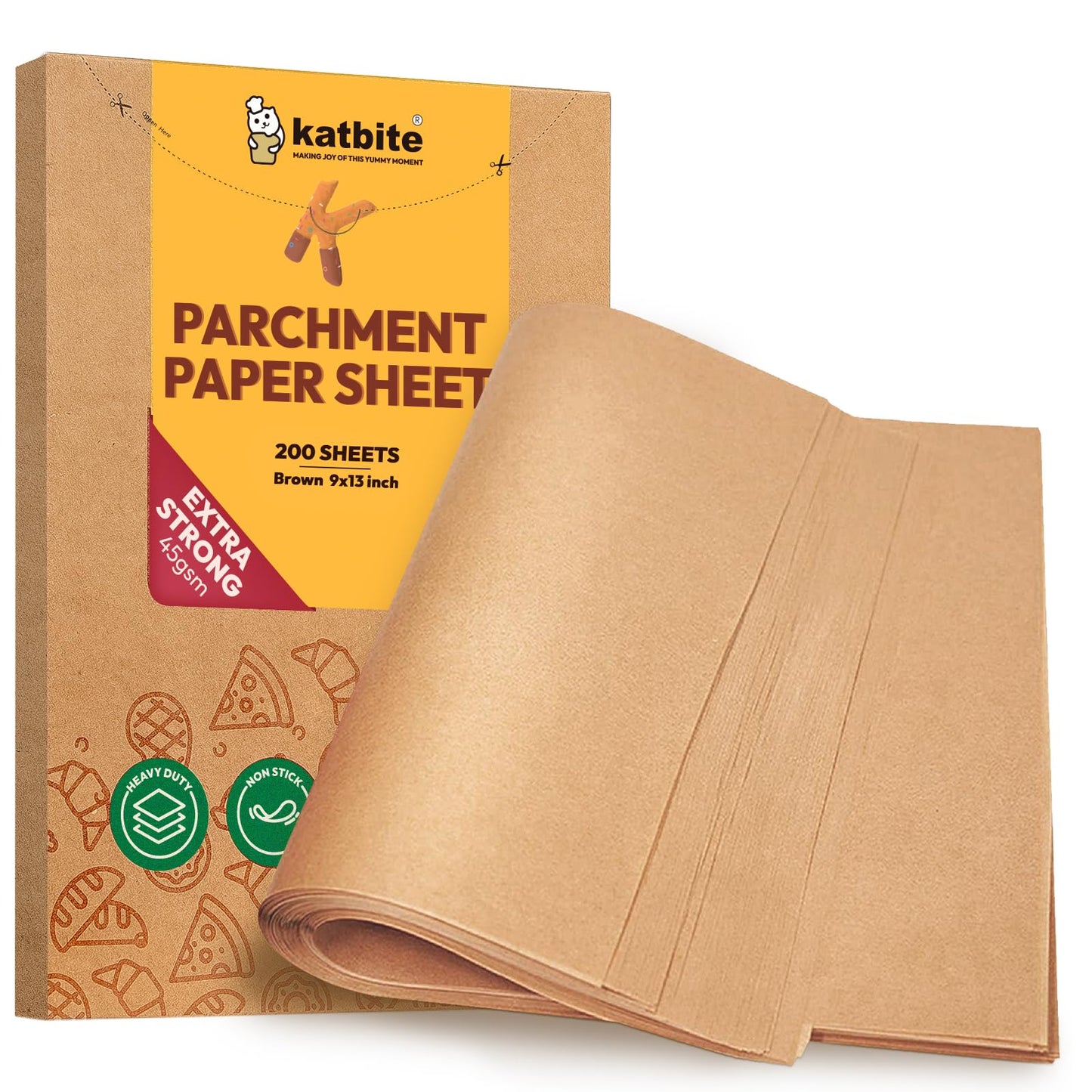 Heavy Duty Baking Paper Sheets 200 Pcs,9X13 Inchs ( 23x33 cm) Katbite Precut Parchment Paper for Baking Cookies, Bread, Meat, Pizza 23x33cm-200