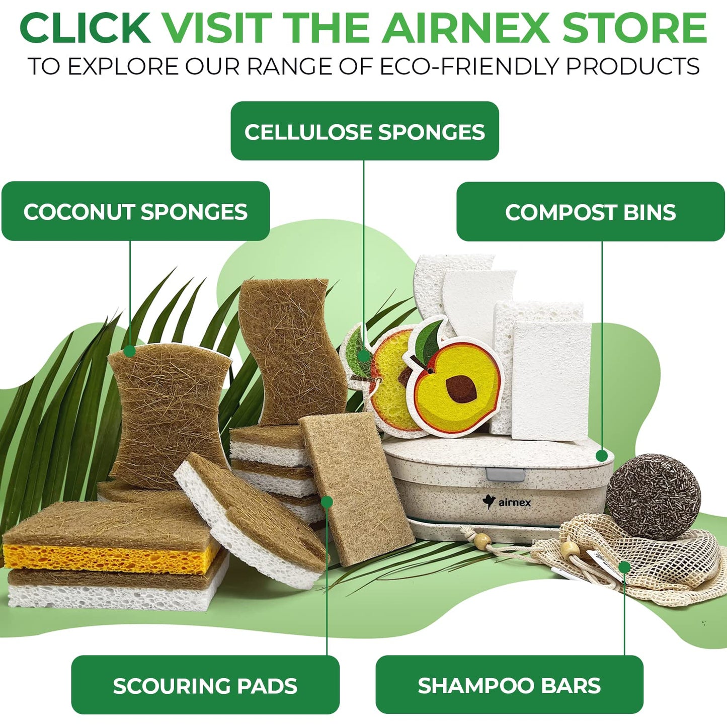 AIRNEX Biodegradable Eco Sponge - Cellulose and Coconut Husk Scourer Kitchen Sponges - Pack of 12 Eco Friendly Washing Up Sponges