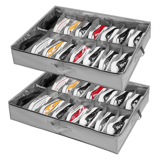 Under Bed Shoe Storage Organiser Set of 2, Fits 32 Pairs Total, Underbed Shoe Box/ Containers w/ Reinforced Handles, Clear Foldable Organiser Adjustable Dividers w/ Bottom Support Velcro 2 SHOES