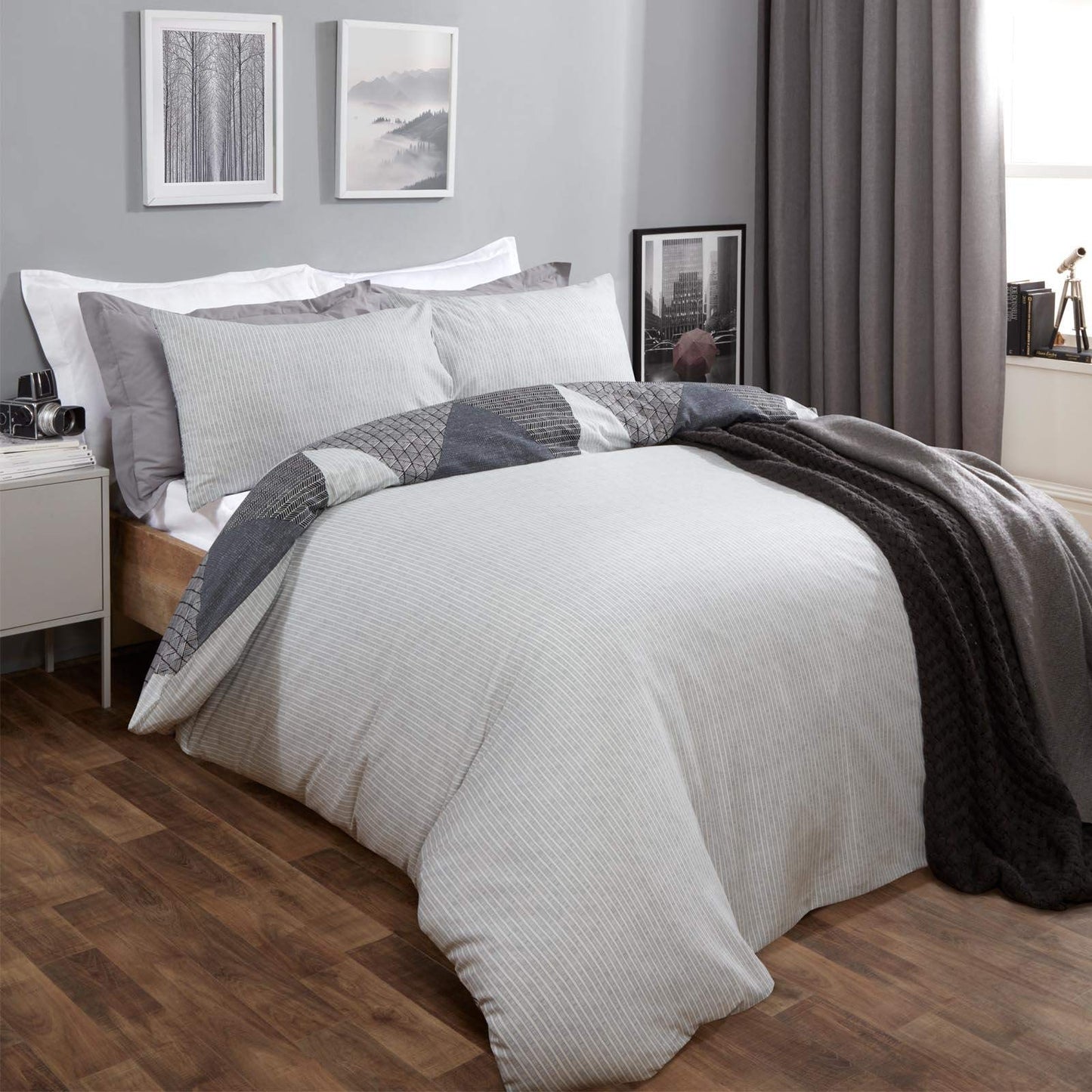 Dreamscene Geometric Duvet Cover with Pillowcases Textured Scandi Bedding Set, Charcoal Black and Grey - 3pcs Double Grey Charcoal Black