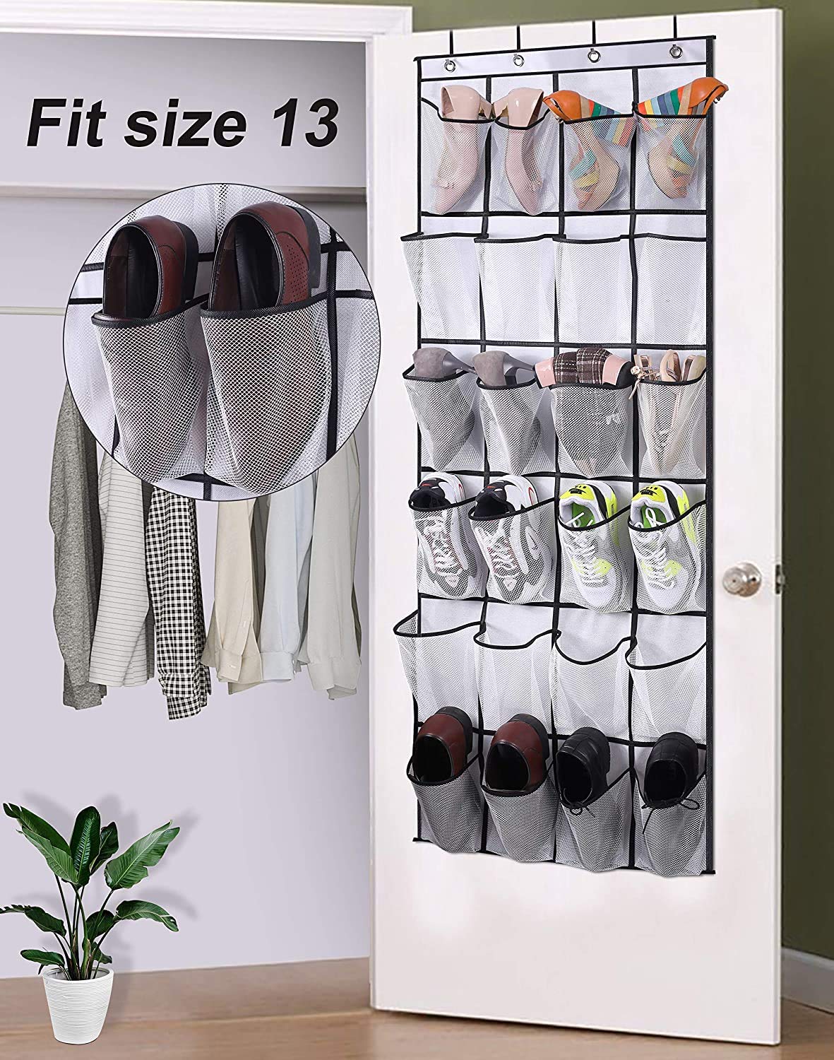 MISSLO Over the Door Shoe Storage Organiser Hanging Shoe Rack Holder 24 Large Mesh Pockets for Wardrobe Door Tidy with Hanger(White) White