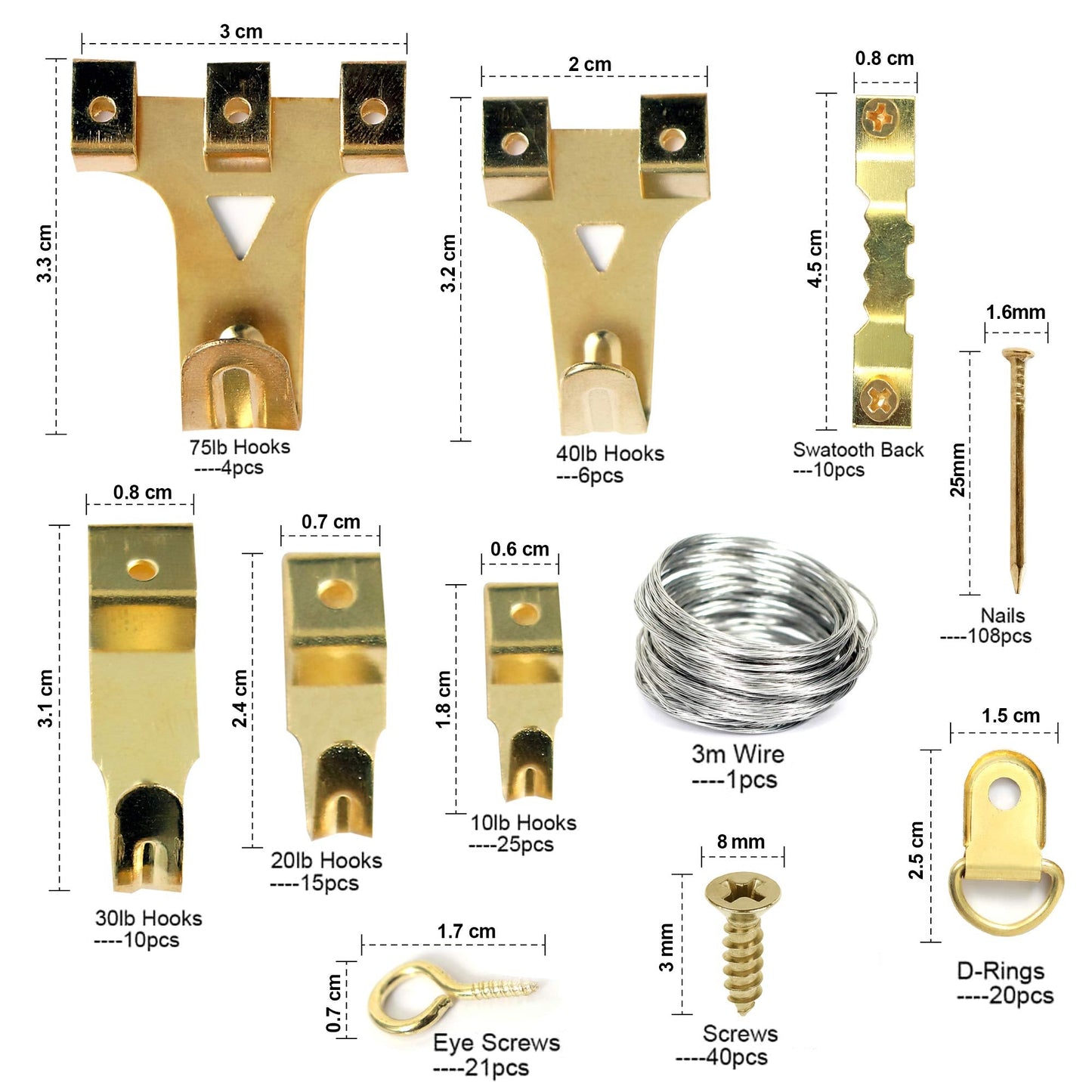 StayUnique1 - 265 PCs Heavy Duty Picture Hooks - Rustproof Picture Hanging Kit with Saw Tooth, D-Ring, Nails with Screws for Mirrors, Picture Frames & Paintings Rectangular- 260 PCs