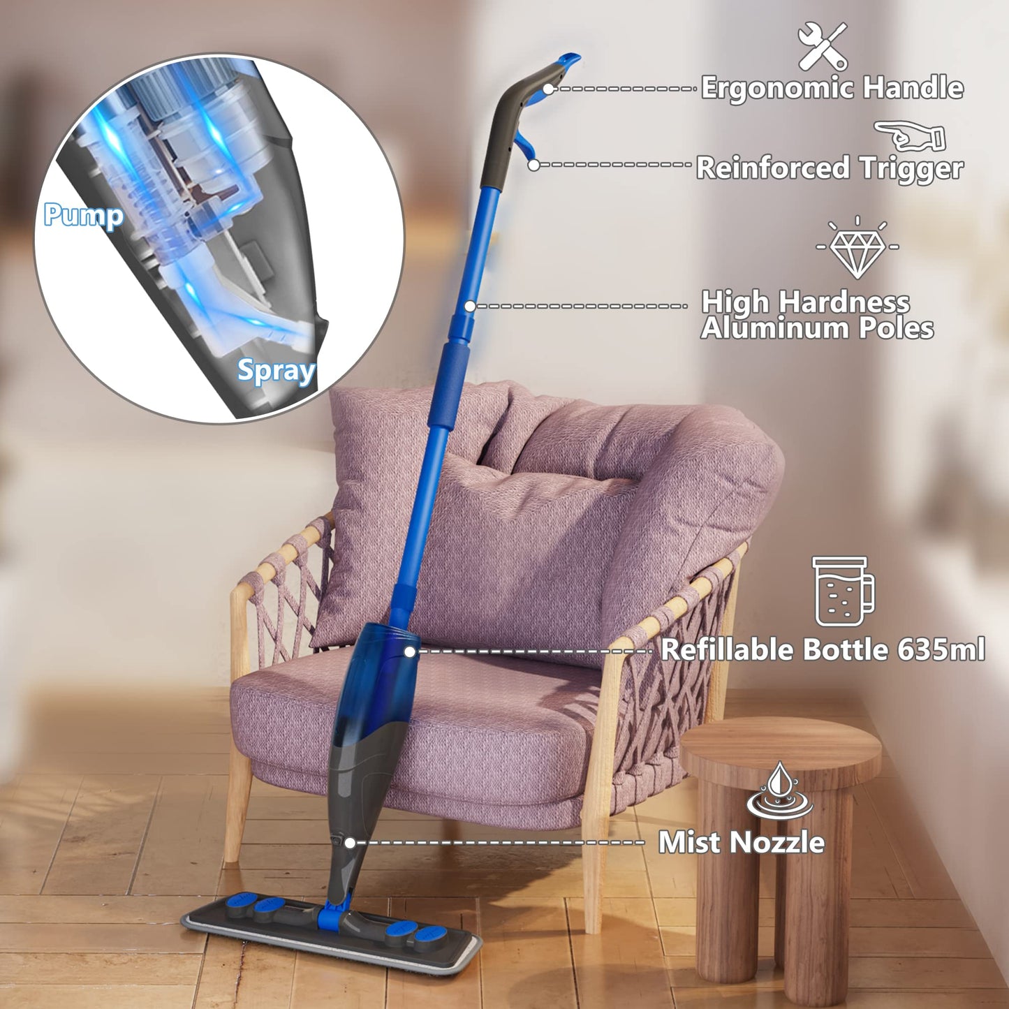 Spray Mops for Cleaning Floors- Floor Mop Microfibre Flat Mop Wet Dry Dust Mop with Refillable 635ML Bottle 4 Washable Pads Sprayer for Hardwood Floor Laminate Tiles Wood Ceramic Vinyl Home Kitchen Mop with 4 grey pads