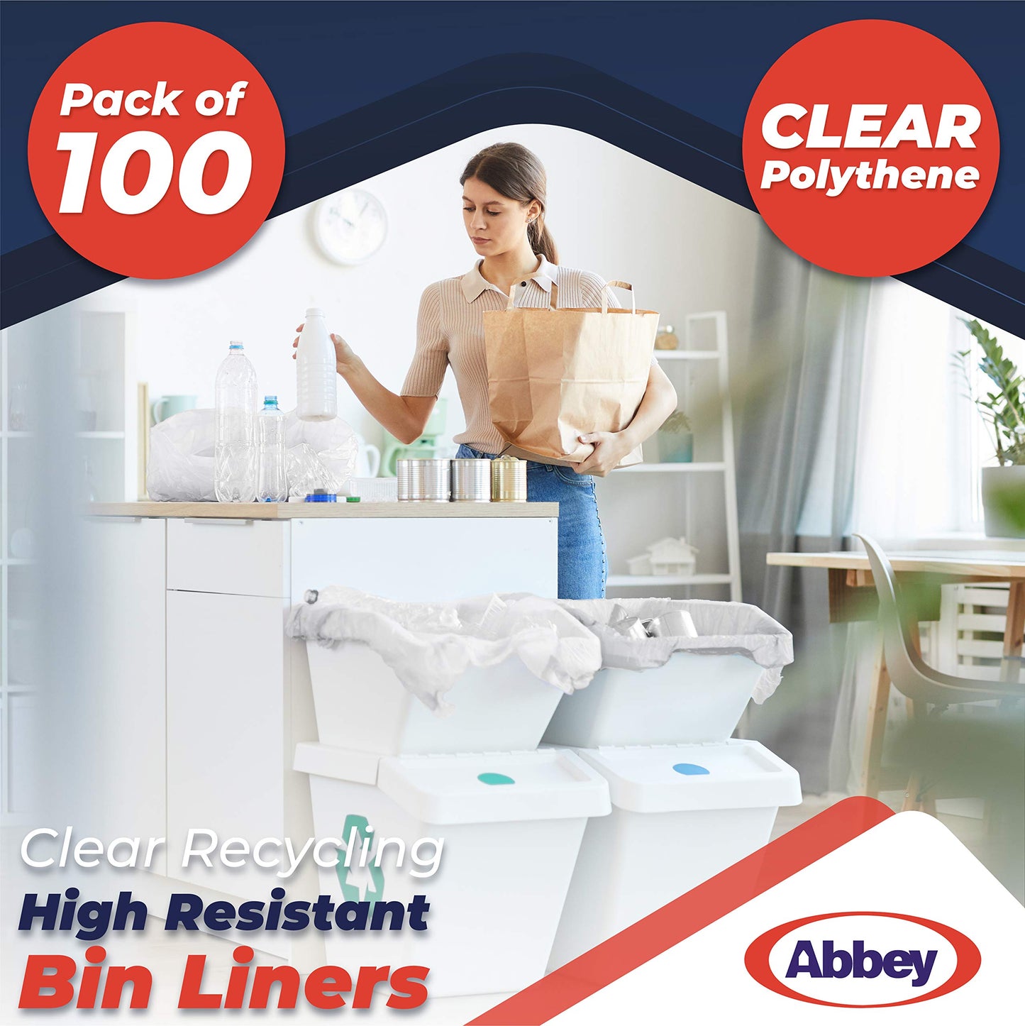 Abbey Pack of 400 Clear Plastic Recycling Bin Bags 90L – Transparent Recycling Bags for Kitchen, Bathroom, Bedroom, Office – Polythene Bin Liners bags –Clear Refuse Sacks 18 x 29 x 39 Inch – 64 Gauge