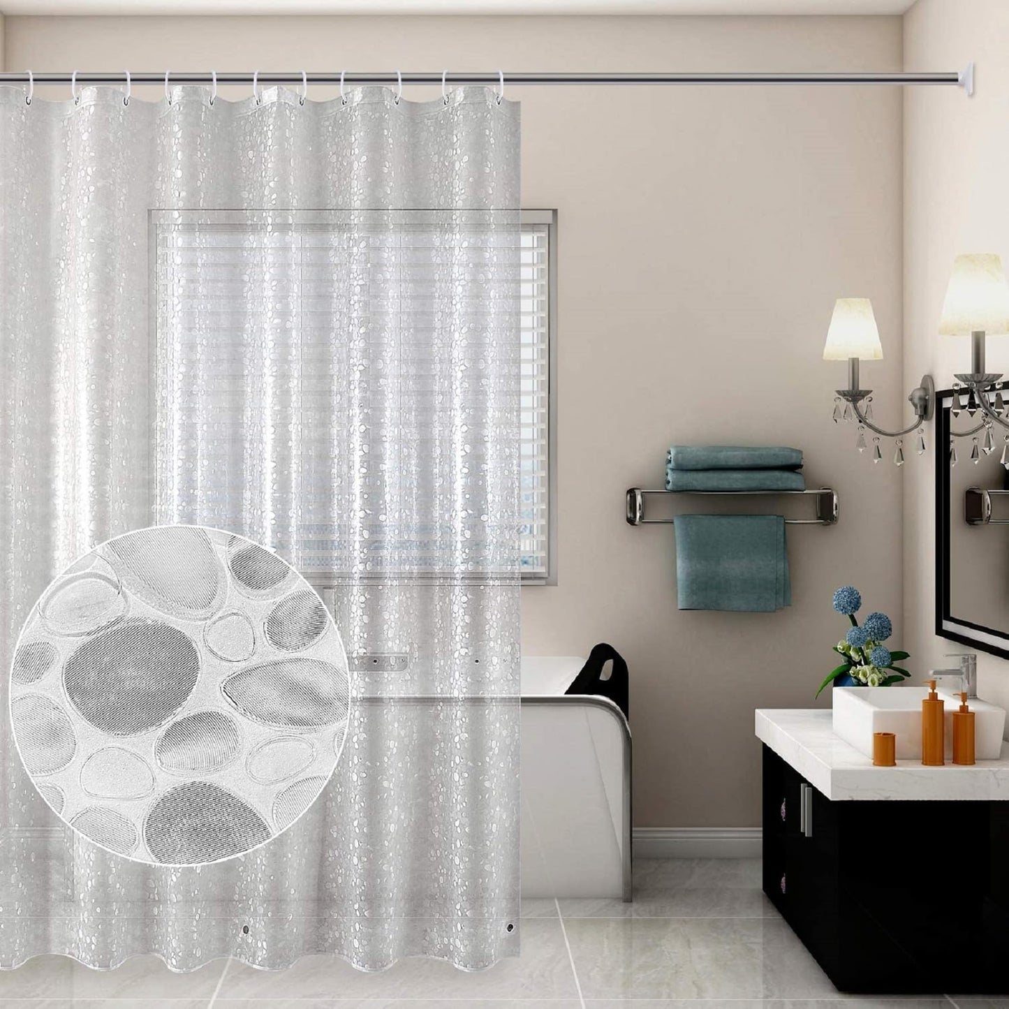 WELTRXE Shower Curtains Mould Proof Mildew Resistant EVA Bathroom Curtain Liner 3D Effect Clear Pebble Heavy Duty Shower Curtain with 3 Magnets, Waterproof Bath Curtains with 12 Hooks, 183 x 183 cm 183 x 183cm (W*H)