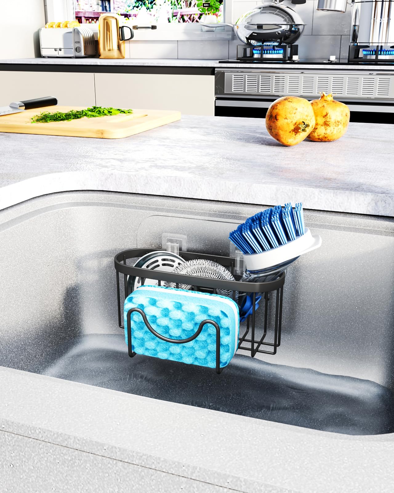 HapiRm Sink Caddy, M-Shaped Sponge Holder for Kitchen Sink, Stainless Steel Kitchen Sponge Holder no Drilling, Rustproof Kitchen Sink Organiser for Sponge Brush Sink Stopper, with 2 Adhesives Black-01 6.49 * 3.14 * 2.95in