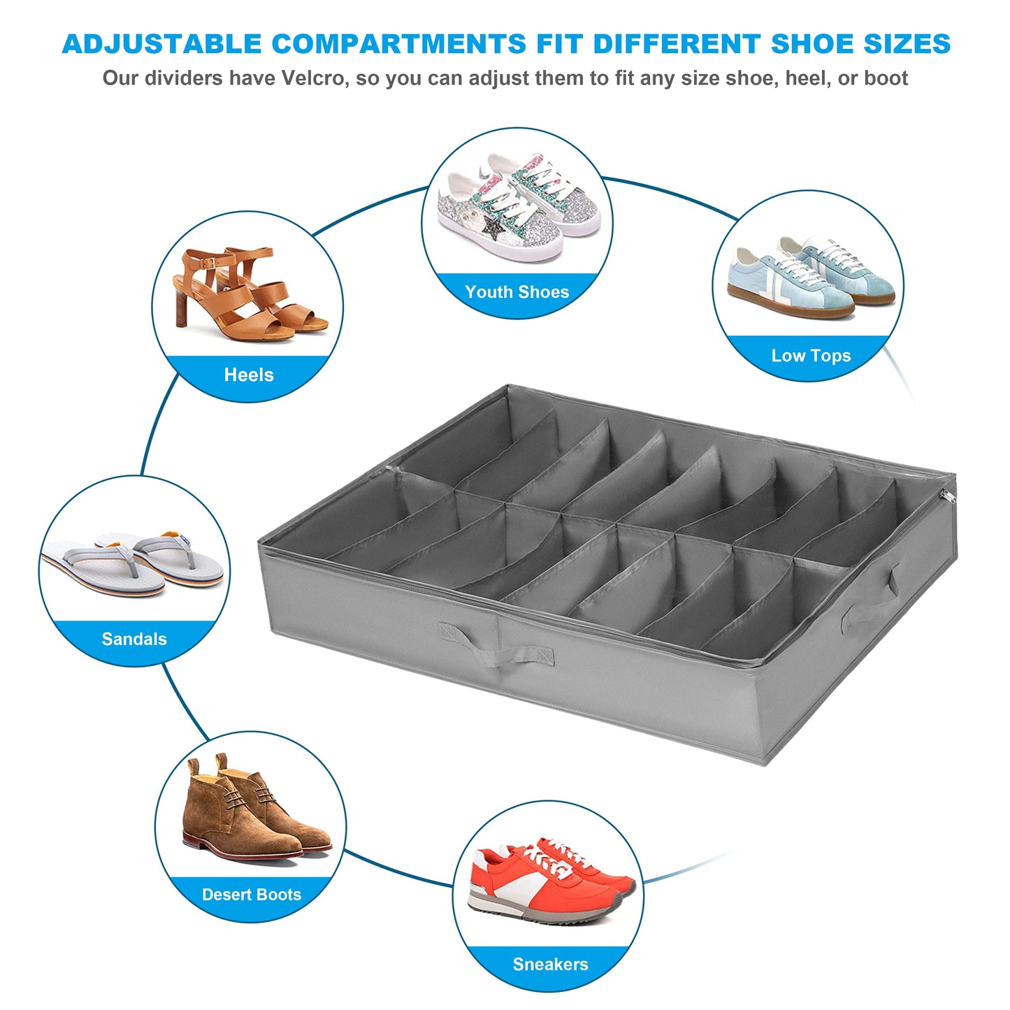 Under Bed Shoe Storage Organiser Set of 2, Fits 32 Pairs Total, Underbed Shoe Box/ Containers w/ Reinforced Handles, Clear Foldable Organiser Adjustable Dividers w/ Bottom Support Velcro 2 SHOES