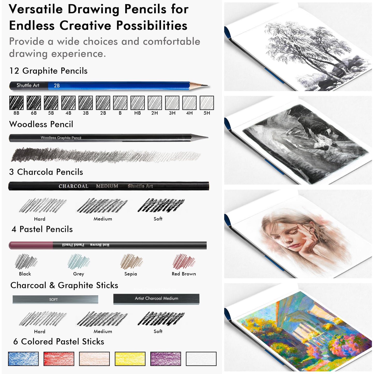 Shuttle Art Sketching Pencils and Drawing Set, 52 Pack Sketch Pad and Pencils Set in Sturdy Zipper Case with Charcoal Pencils and Sketch Books, Professional Sketch Drawing Pencils for Artists, Adults